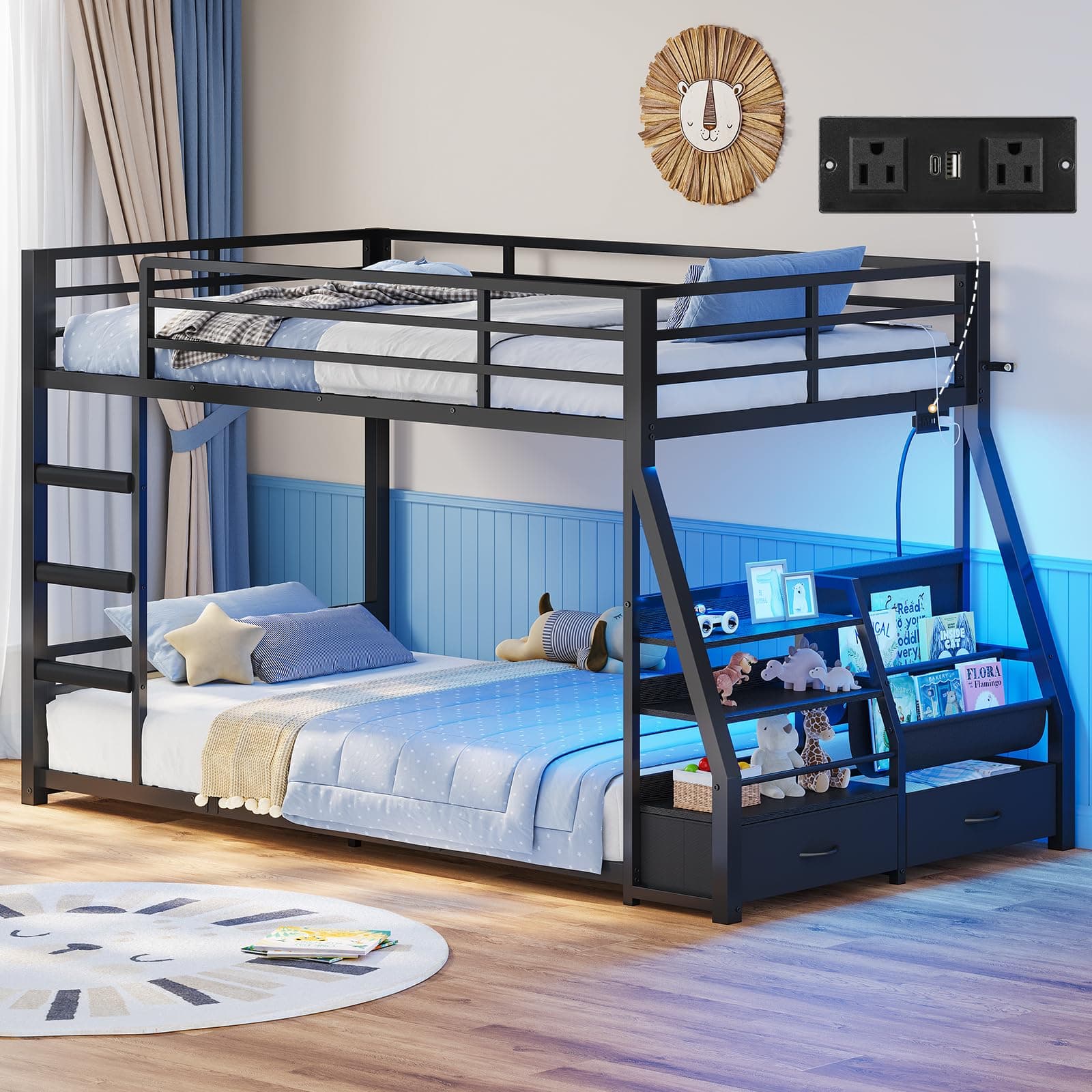 ADORNEVE Low Bunk Bed Twin Over Twin with Sling Bookshelves, Storage Drawers & Power Outlet, LED Metal Floor Bunk with Full-Length Guardrail & Metal Slats, No Box Spring Needed, for Toddler (Black)