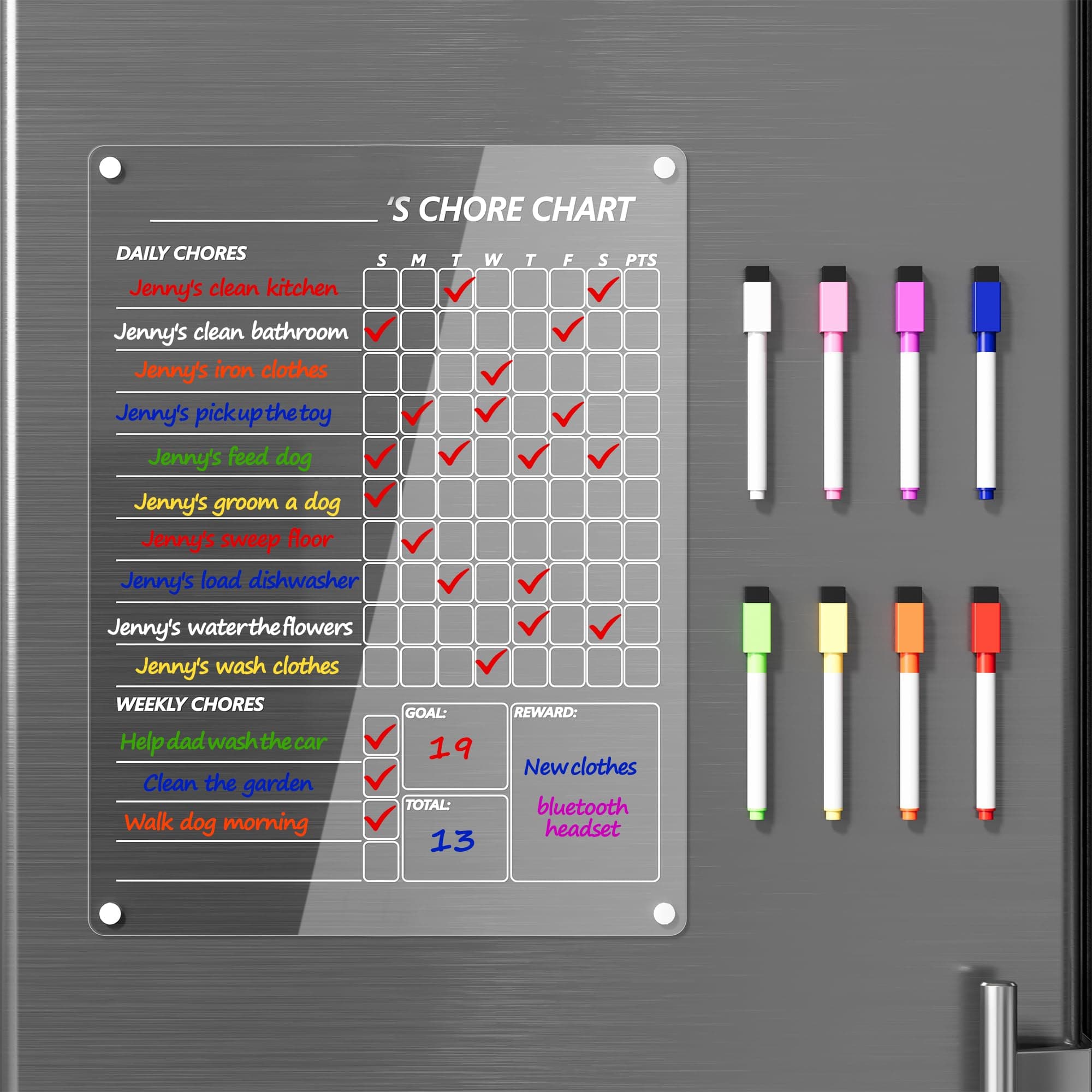 Neatsure Acrylic Magnetic Chore Chart for Fridge, Clear Dry Erase Chores Chart for Refrigerator, Responsibility Reward Planning Board for Teens Family, w/ 8 Colors Markers, 12"x9"