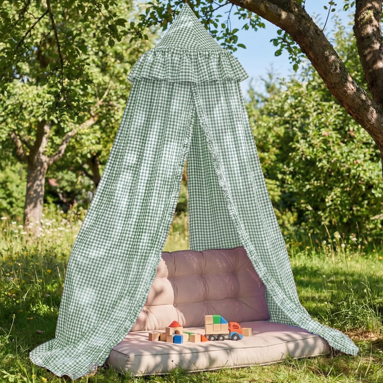 SmoothNovelty Gingham Plaid Bed Canopy with Ruffles, Green White, Round
