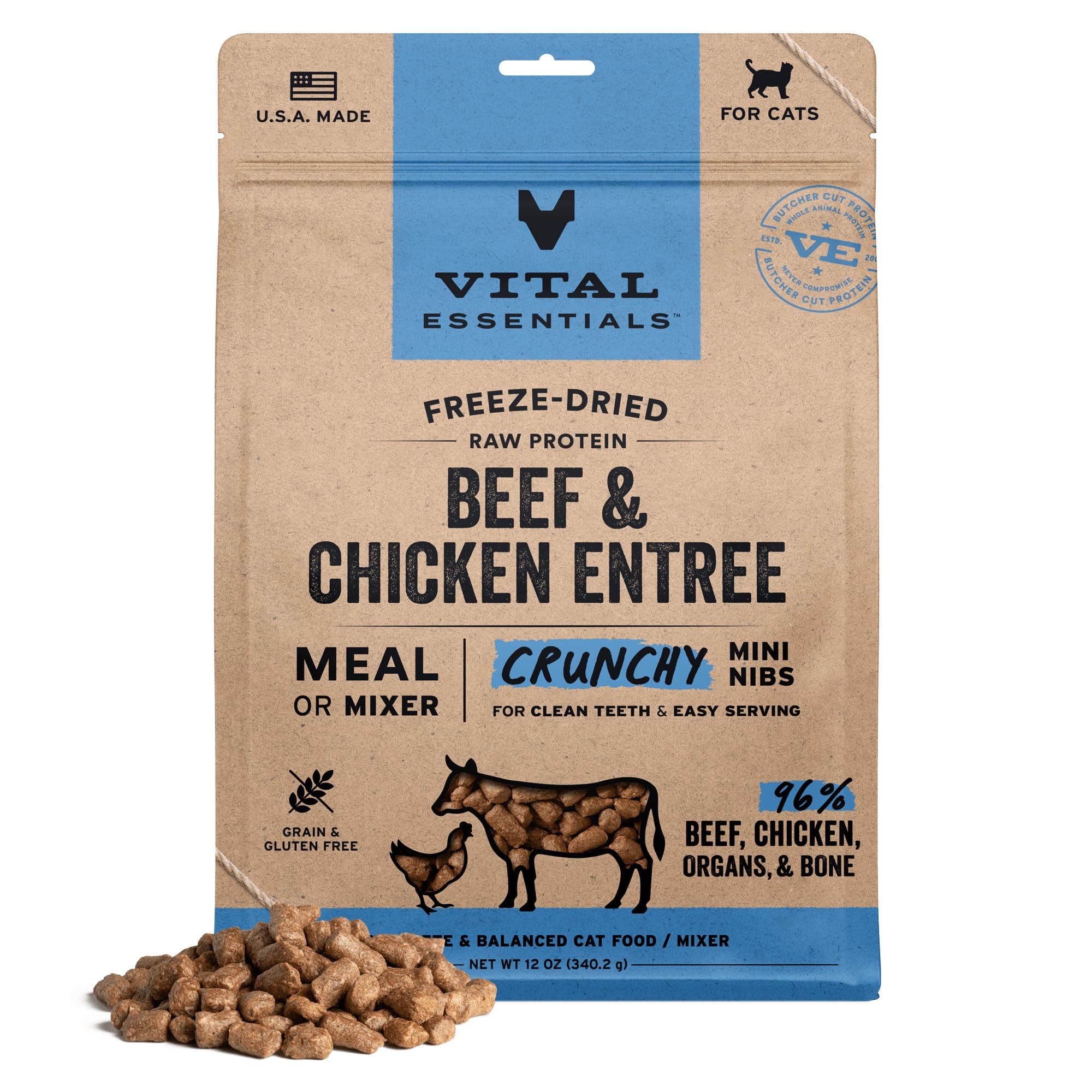 Vital Essentials Freeze Dried Raw Cat Food, Beef & Chicken Mini Nibs Entree, 12 oz