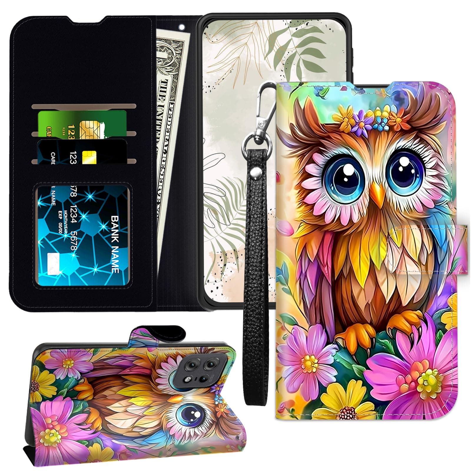 JANENFNA for Motorola Edge 50 Pro 5G Wallet Case with RFID Blocking Card Slots Stand - Leather Flip Cover for Women (Men) Shockproof Protective for Moto Edge 50 Pro Case,Colorful Owl-A