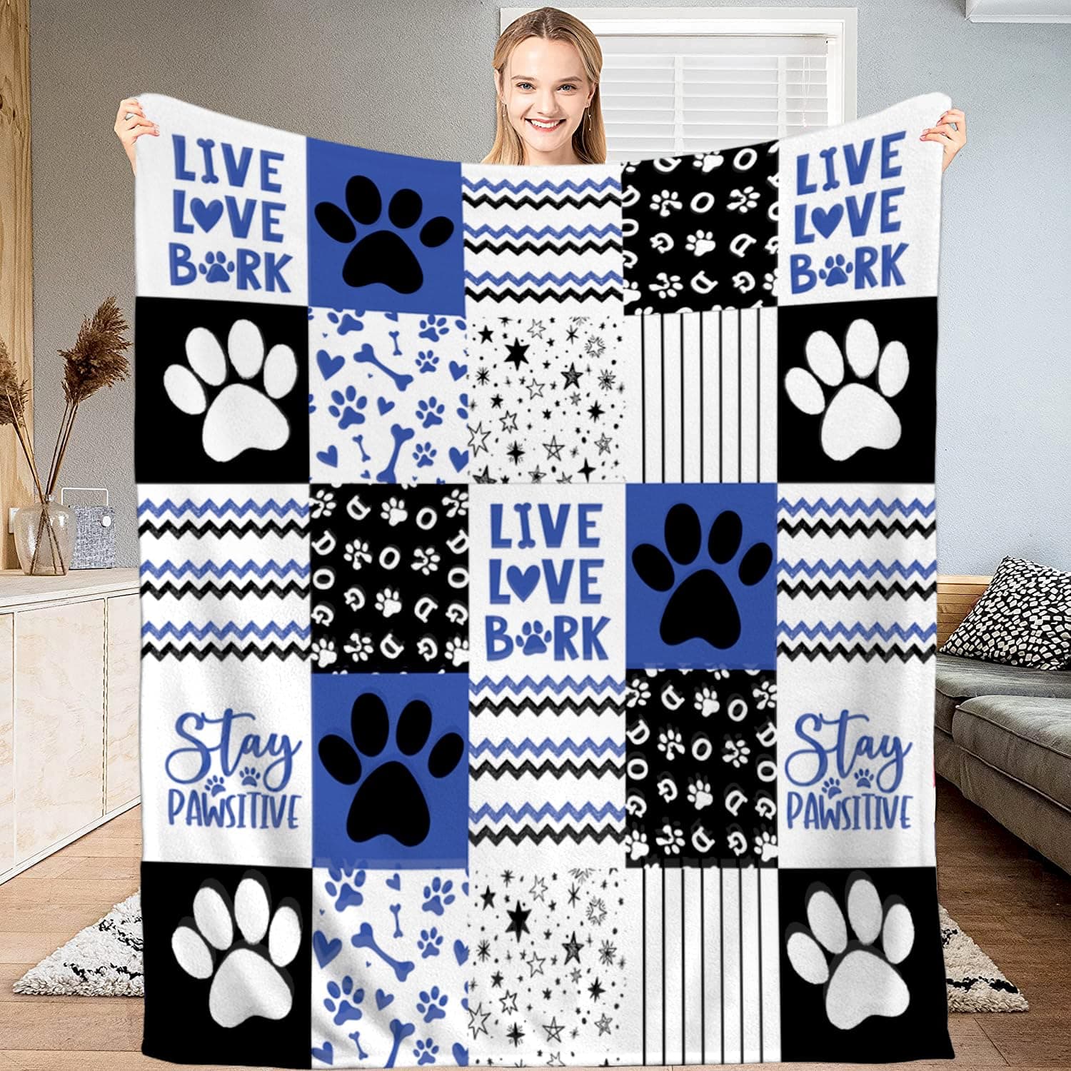 OMEOH Live Love Bark Blanket Puppy Dog Fleece Blanket for Kids Child,Paw Print Throw Blanket Pup Dog Paw Pattern Blanket Pet Animal Gift for Dog Lover Paw Print Home Decor (Blue)