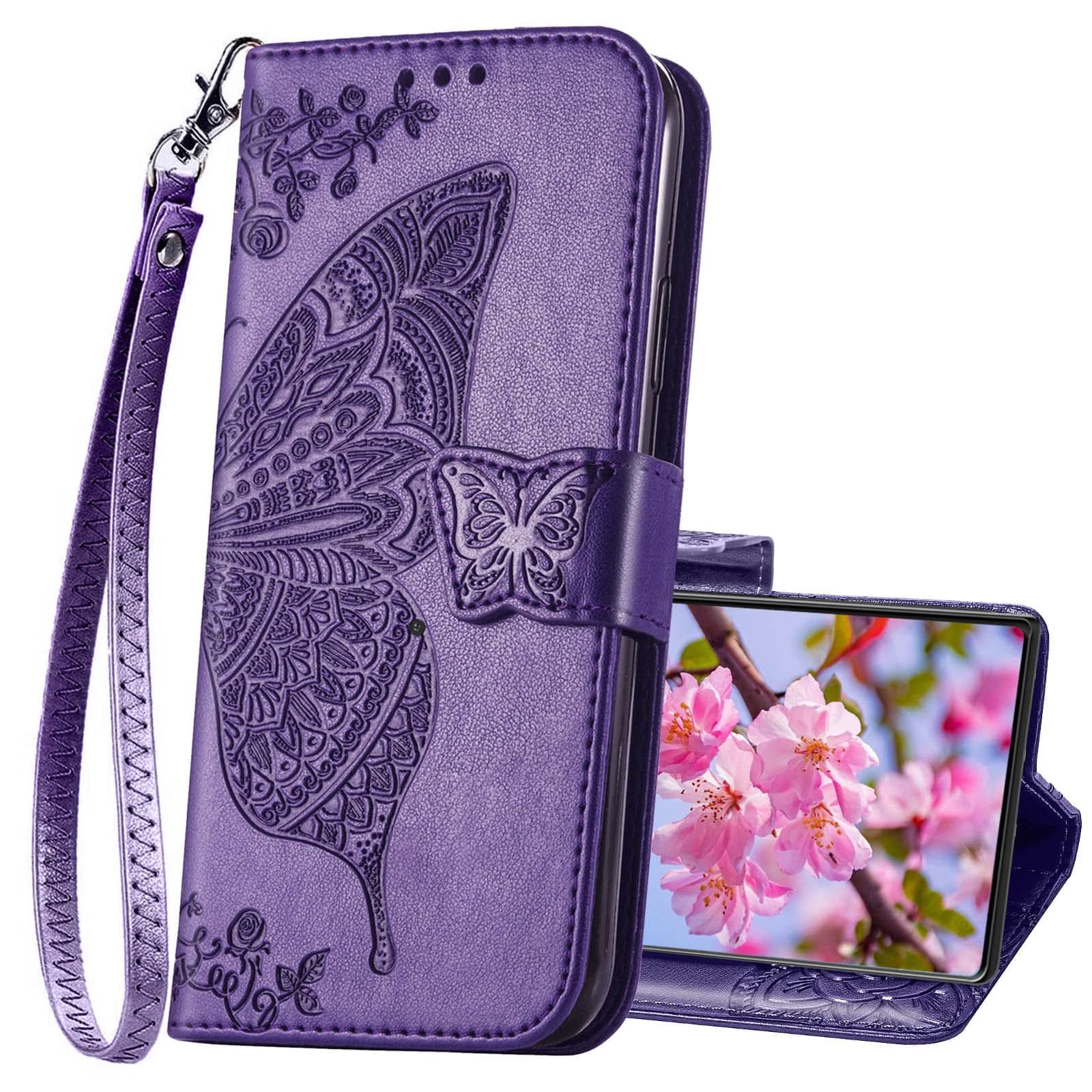 KRHGEIK for Samsung Galaxy S20 FE Case Wallet,Women Flip Cover with Butterfly Embossed PU Leather Stand Credit Card Holder Slots Magnetic Wrist Strap Phone Case (Purple)