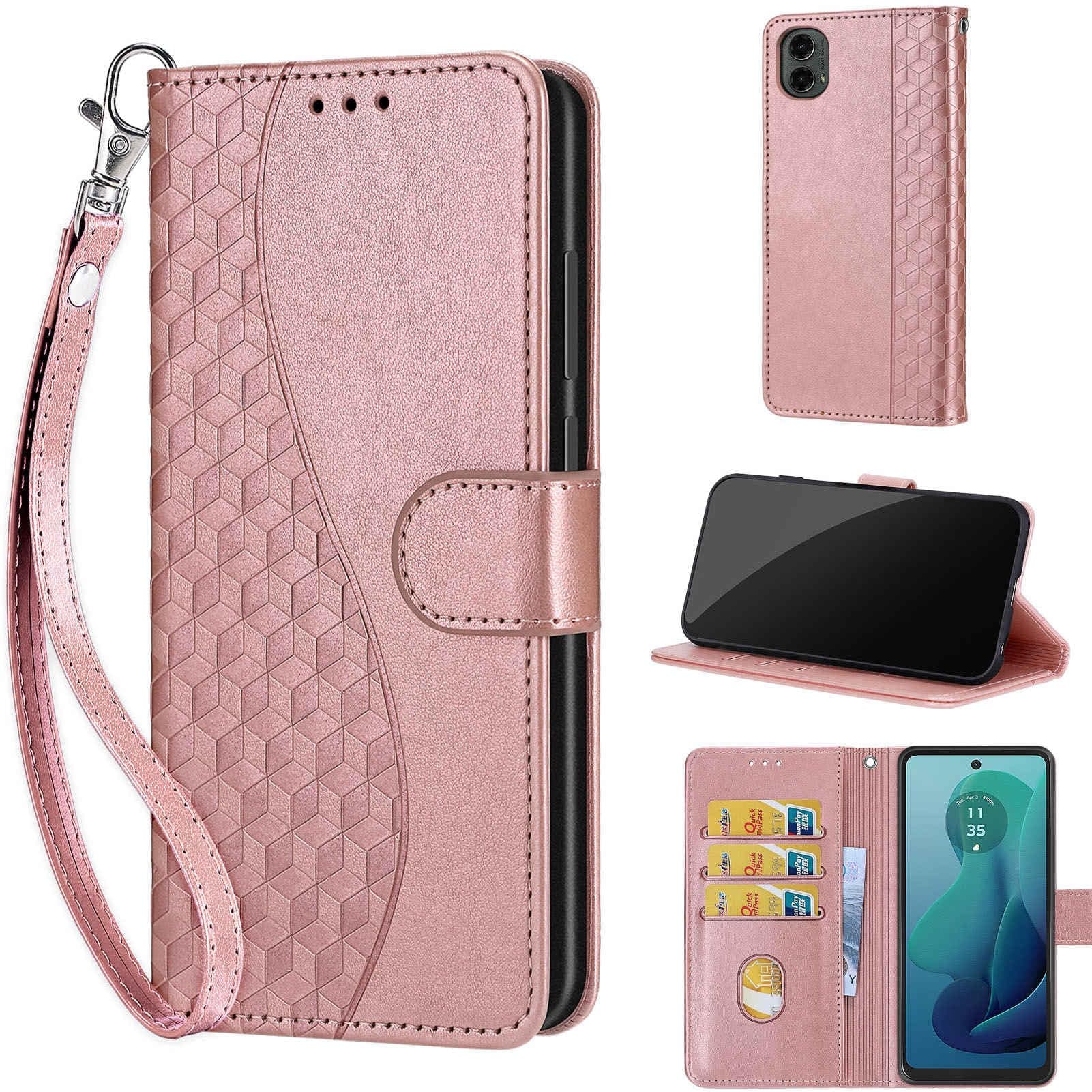Designed for Motorola Moto G 5G 2024 Case Wallet,Women Flip Folio Cover with Embossed PU Leather Stand Credit Card Holders Slots Wrist Strap Phone Case for Moto G 5G 2024 (Rose Gold)