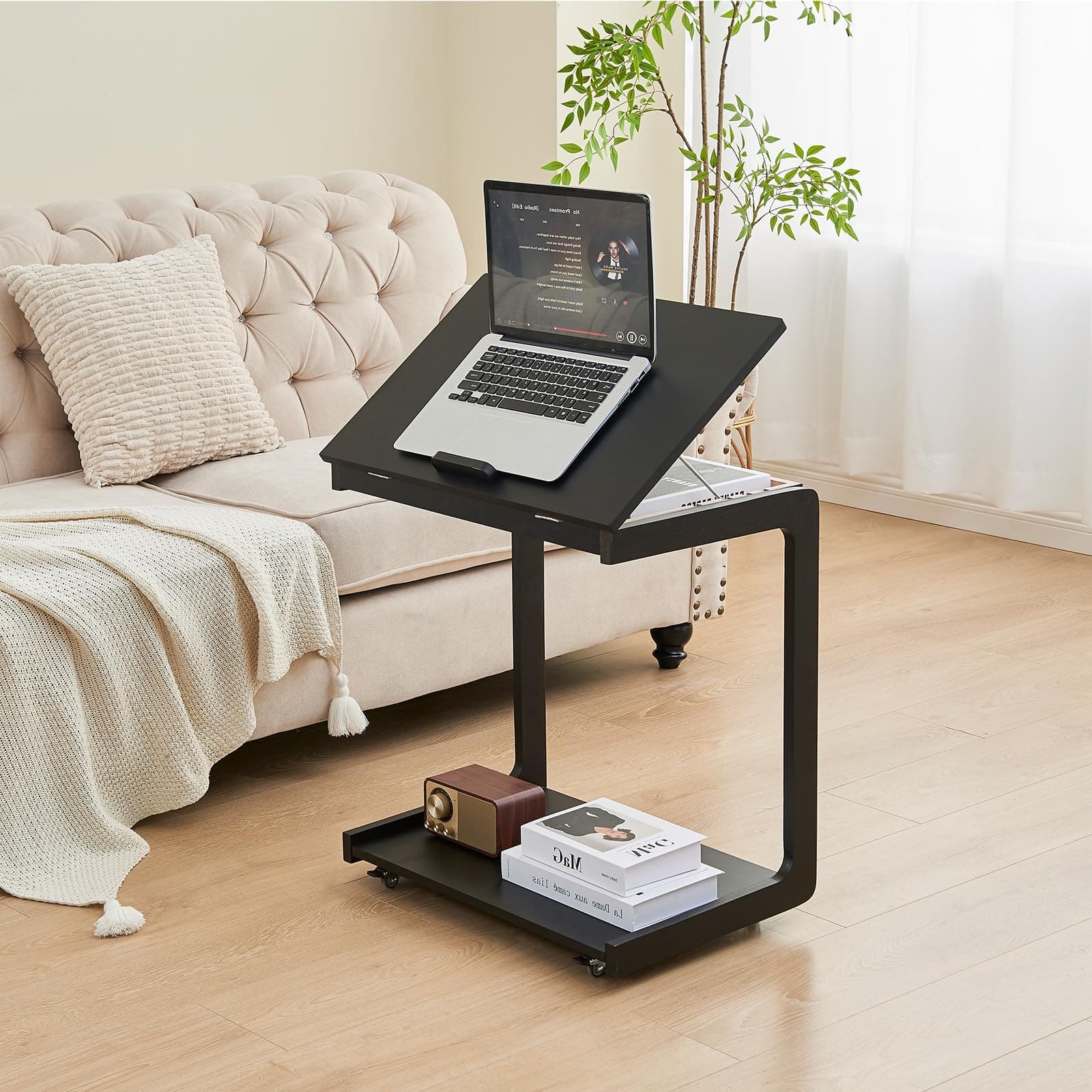 MYOTA Side Table Living Room, Wood Beside End Table with Wheels, Solid Wood Nightstand, C Shaped Tv Tray Modern End Tables for Couch Office Bedroom, Black, 15.4 in x 23.6 in x 24.8 in