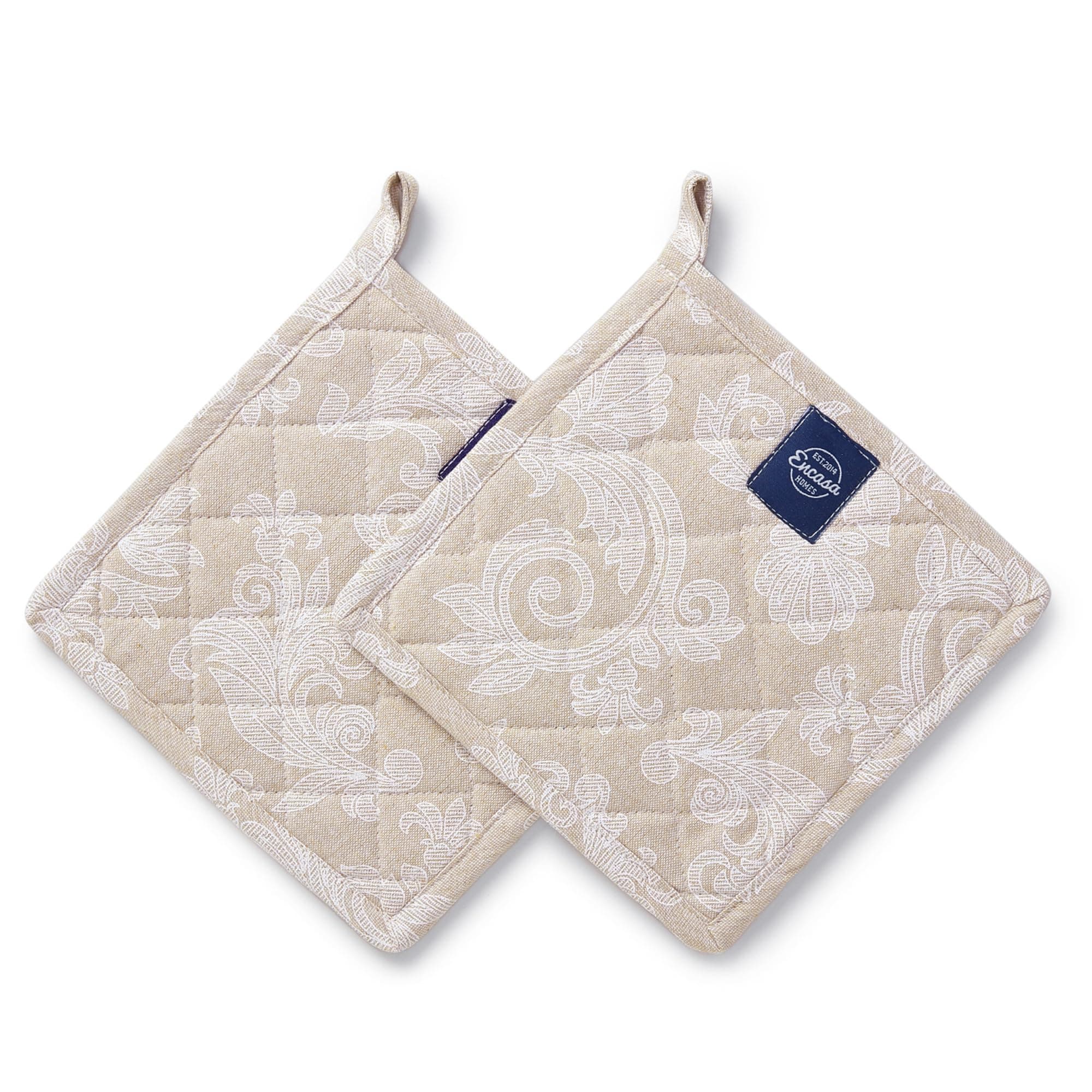 Pot Holders for Kitchen | Heat Resistant Pads | Set of 2 | Hot Dish Holder Sets | 8 in |for Cooking, Baking, Grilling, Microwave & BBQ, Chambray Beige by Encasa XO