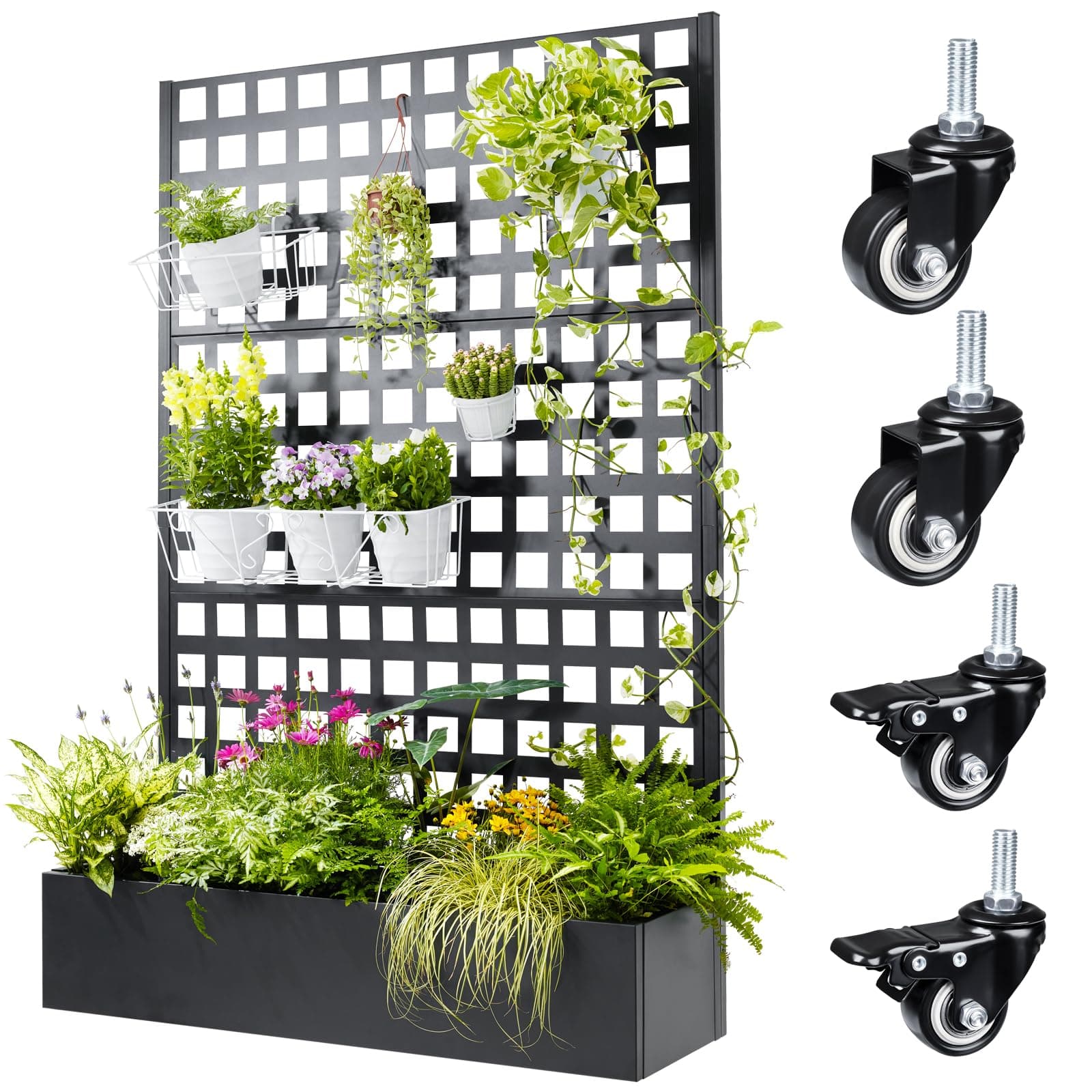 Metal Planter Box with Trellis, 71"x47"x16" Raised Garden Bed Outdoor with Lattice Trellis & Privacy Screen & Optional Wheels, Vertical Garden Box with Drainage Holes for Climbing Plants, Vegetable