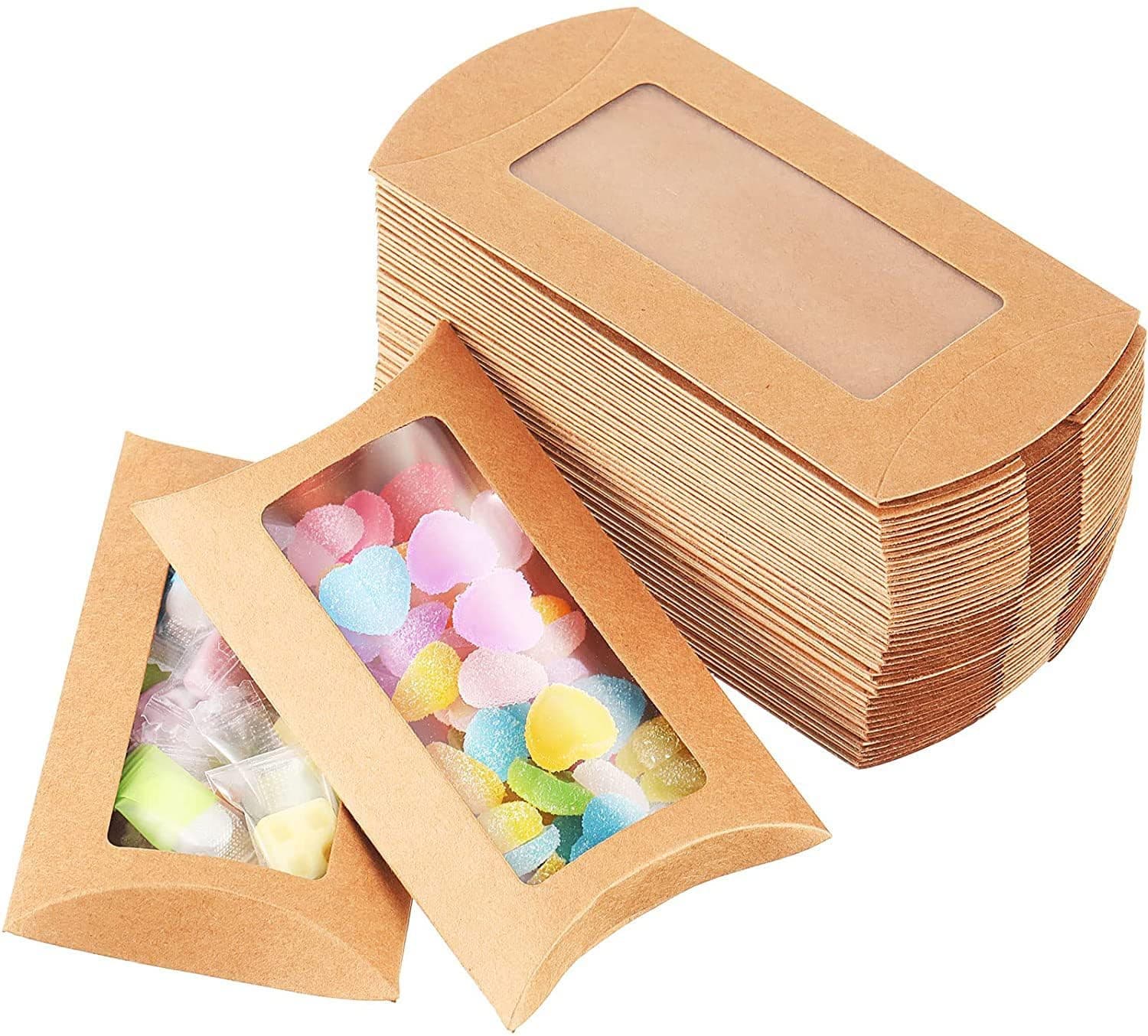 QYCX 100Pcs Kraft Pillow Boxes, Pillow Boxes with Window, Small Gift Boxes, Pillow Boxes with Clear Window, Brown Candy Favor Paper Boxes Christmas Gift Boxes 5*3 Inches Candy Boxes Brown Paper Pillow Candy Box Mini Party Favor Boxes Kraft Paper Gift Boxes Treat Boxes Wedding Gift Boxes for Baby Shower Party Decorations Christmas Party Decorations Wedding Party Decorations Anniversary Party Decorations Engagement Party Decorations Birthday Party Supplies, Gifts Packaging for Small Business, Soap, Jewelry, 14.5*7.5cm (Mini Brown Paper Pastry Box) (Brown)