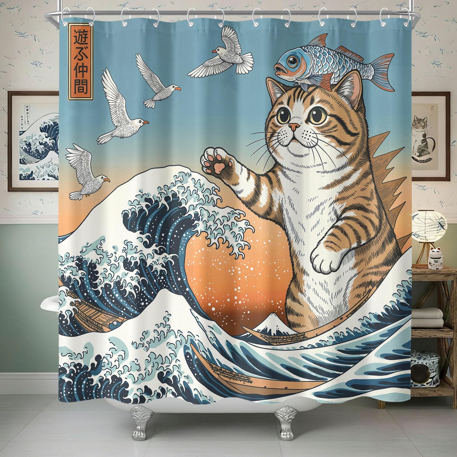Kanuyee Japanese Wave Cat Shower Curtain, Water-Repellent Bathroom Decor with Plastic Hooks, Funny Ocean Tale Home Decor 72x72 Inch.