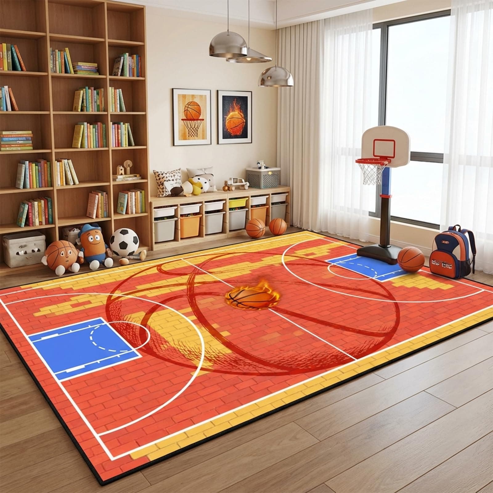 Basketball Rug - 5x7 Kids Play Large Size Carpet for Boys Room Playroom Sports Themed Rug