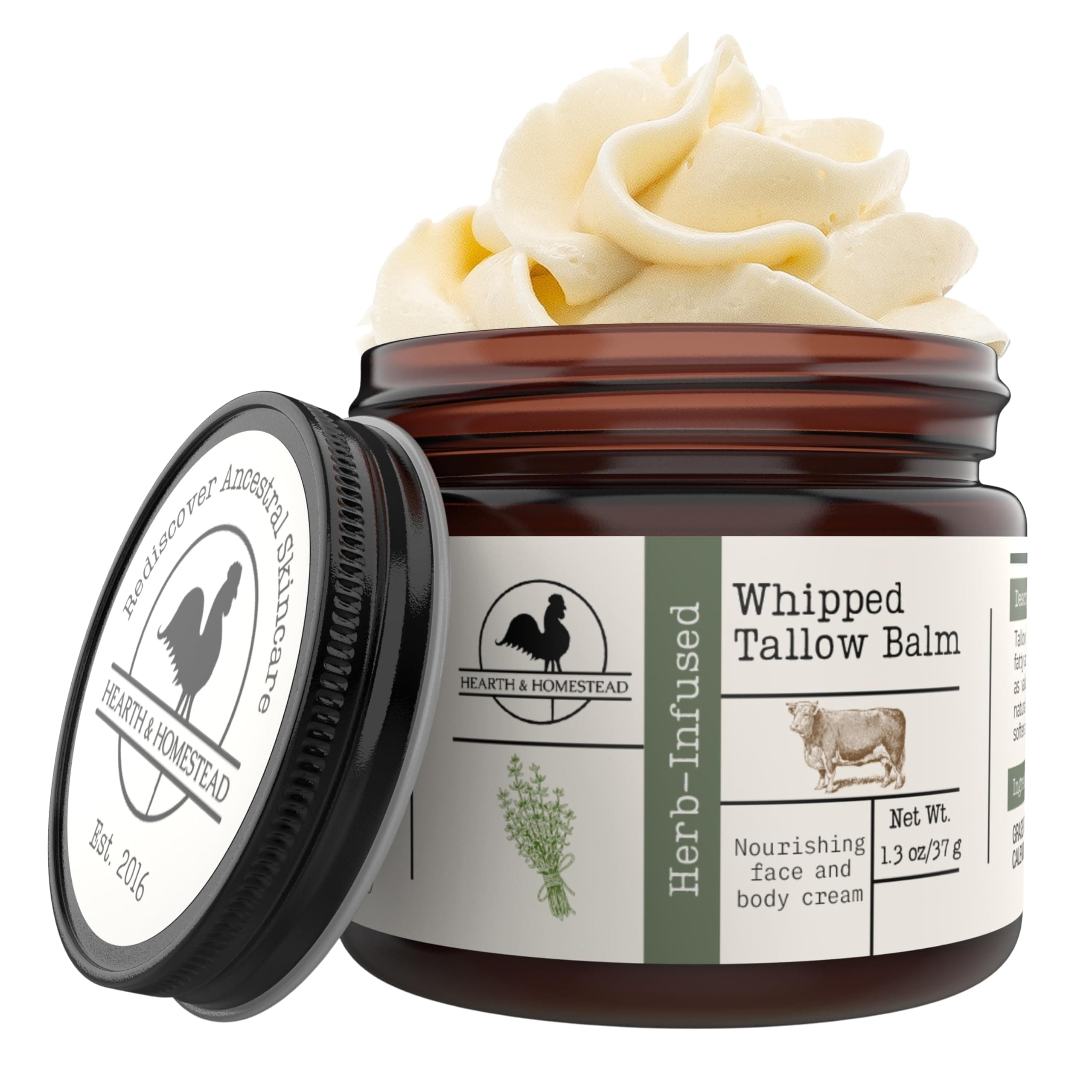 Hearth & Homestead Whipped Beef Tallow for Skin & Face – 100% Grass Fed, Eczema Cream & Body Butter – Organic Olive Oil, Calendula & Rose – Lotion & Hand Moisturizer for Dry Skin, Unscented, 37g
