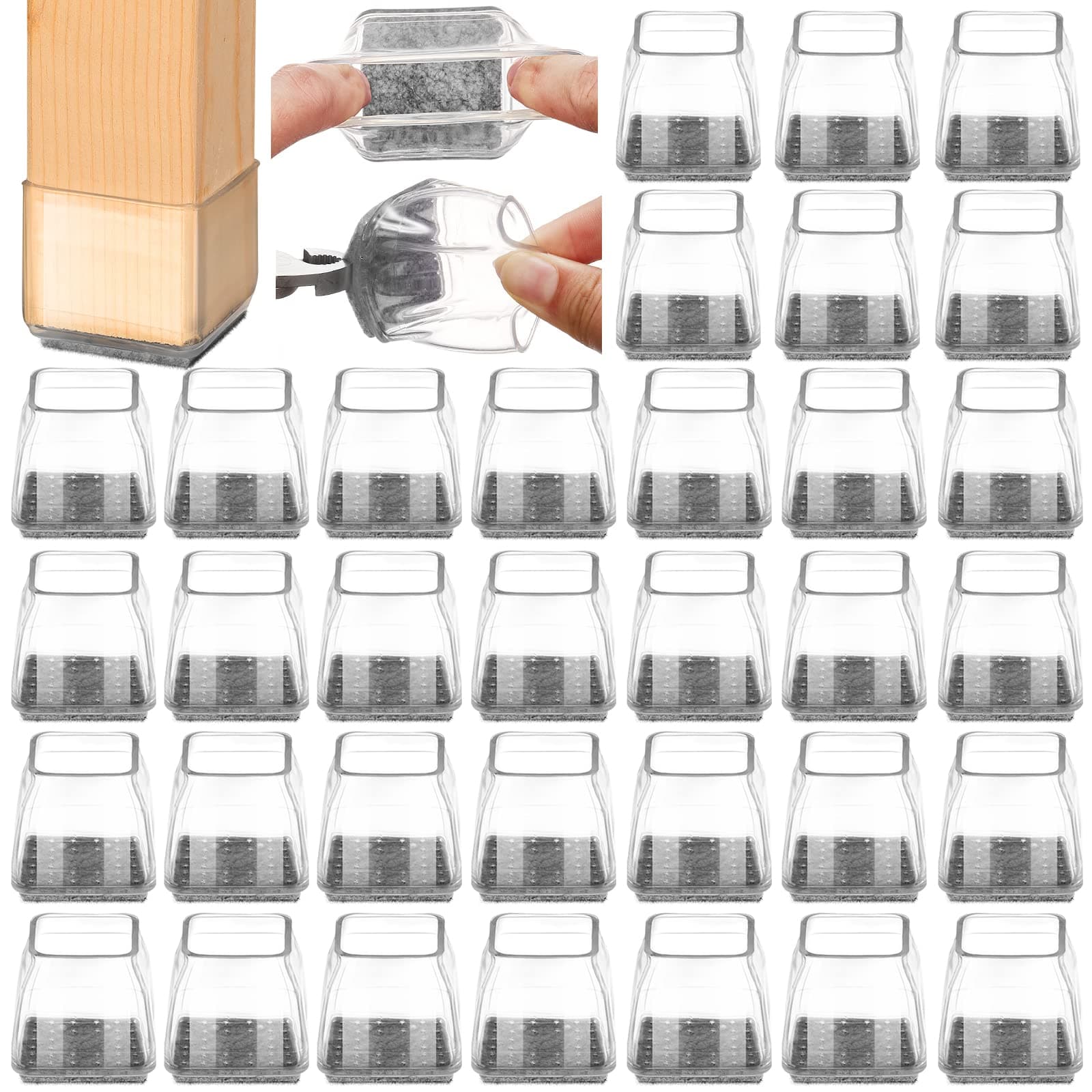 36Pcs Square Chair Leg Floor Protectors, High Elastic Felt Furniture Pads for Hardwood Floors, Silicone Floor Protectors for Chairs, Chair Leg Caps Covers Socks (Transparent, XSmall)