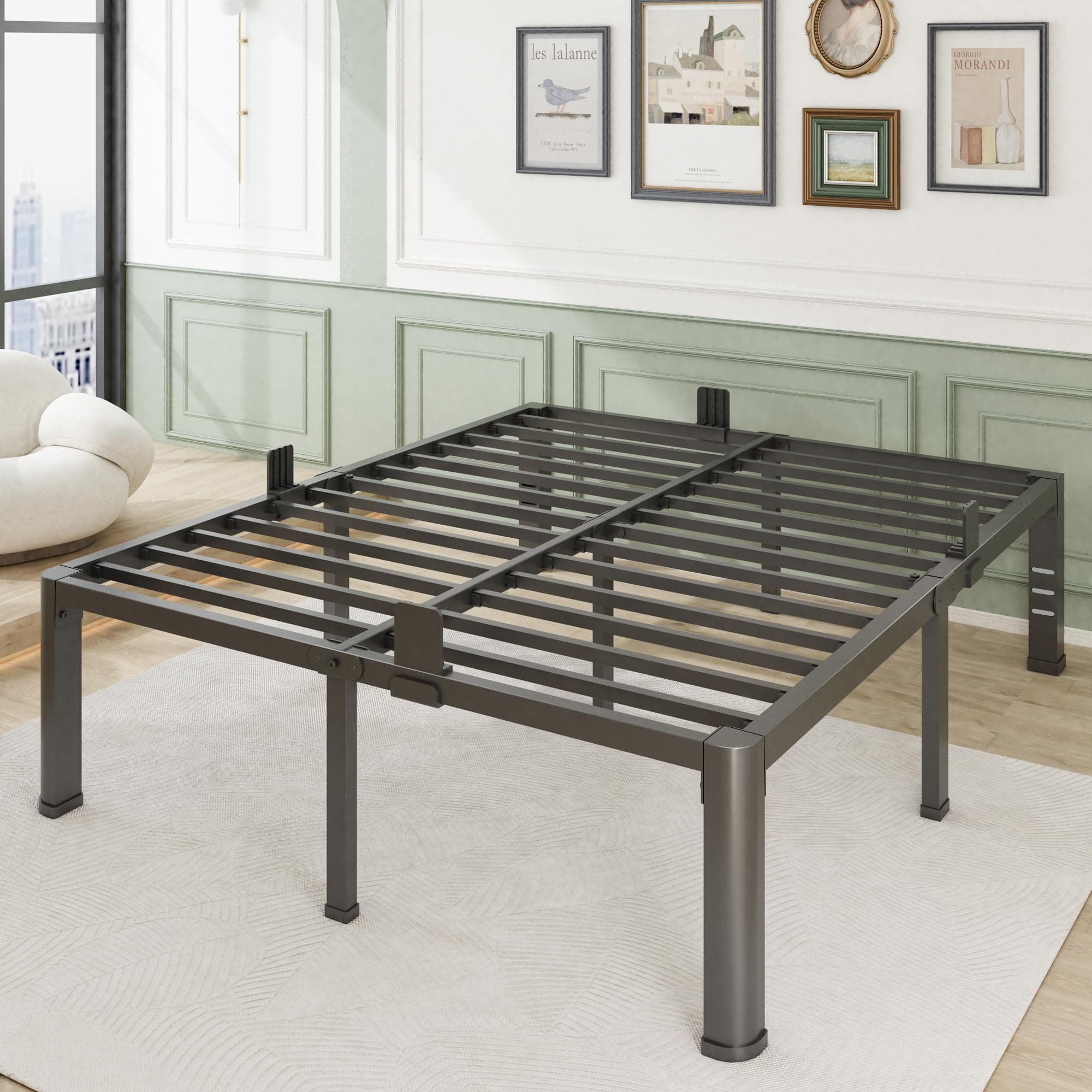 Firpeesy 18 Inch Queen Size Bed Frame, Sturdiness Metal Queen Platform Bed Frame with Storage, No Box Spring Needed, Noiseless, Ease of Assembly