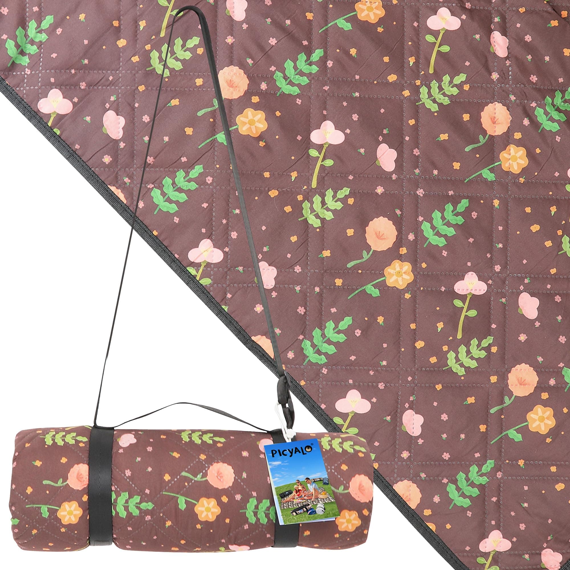 PICYALO Outdoor Cute Picnic Blanket Brown Floral 80"x80" Large Sandproof Beach Blanket Waterproof Picnic Blankets Foldable for Caming, Beach, Outdoor Activities.