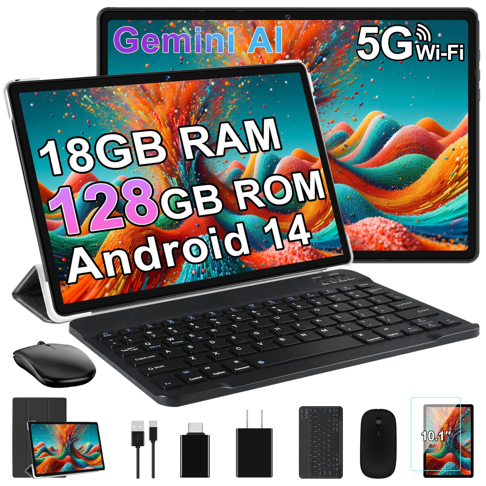 Tablet, 2026 Android Tablet with Gemini AI, 10.1 Inch FHD Display, 18GB RAM 128GB ROM /1TB TF, 6000mAh, Octa-Core CPU, Widevine L1, 2 in 1 Tablets (Black)