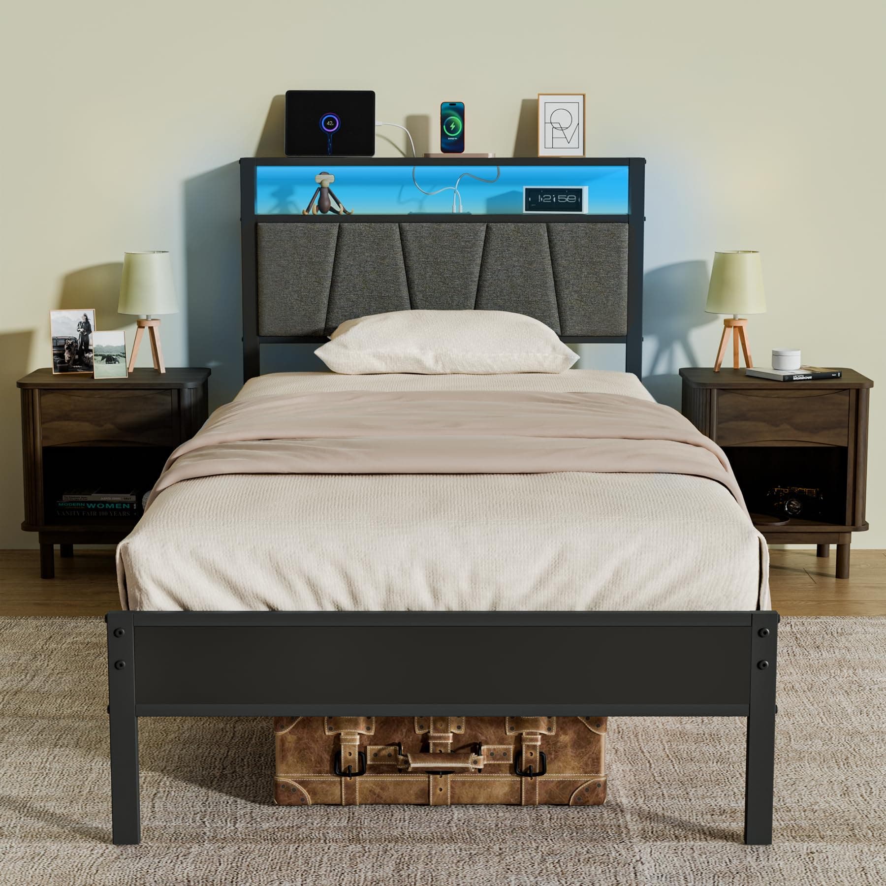 Z-hom 14 Inch Storage Headboard with Charging Station Twin Bed Frame