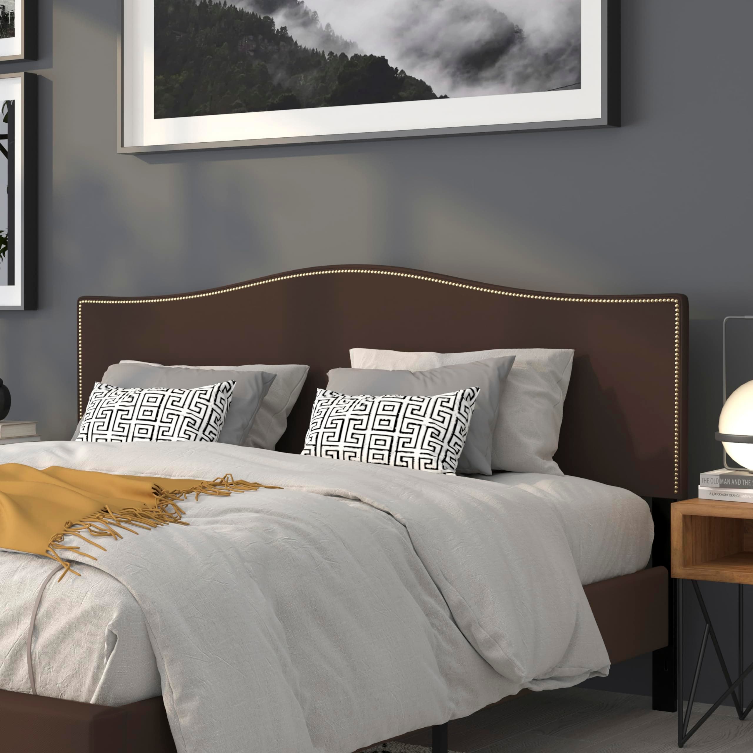 Flash Furniture Lexington Upholstered King Size Headboard with Decorative Nail Trim in Dark Brown Fabric