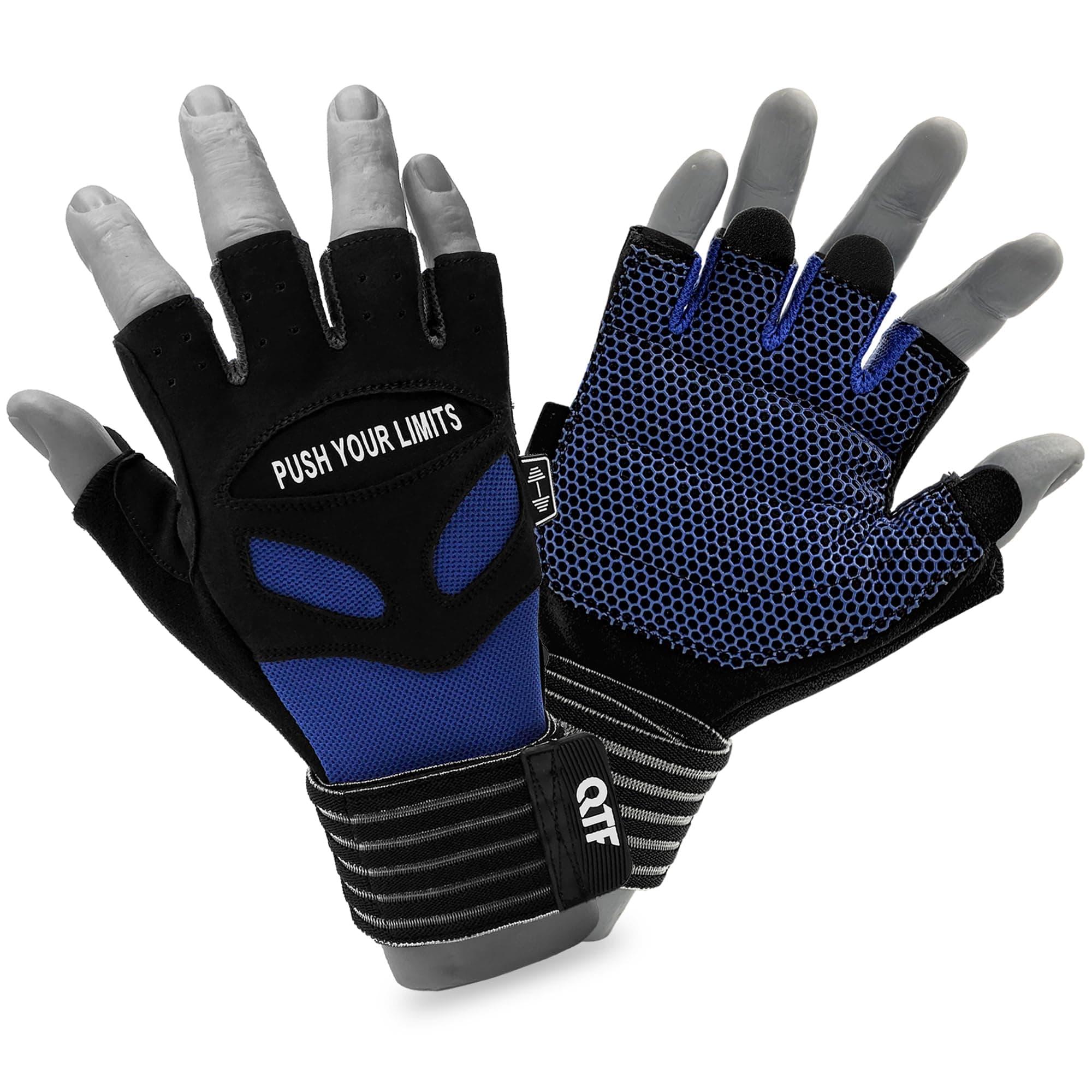 QTF Weight Lifting Gym Workout Gloves with Long Wrist Strap, Fingerless Gym Gloves for Men & Women, Full Palm Protection, for Weightlifting, Training, Fitness, Hanging (Blue, Medium)