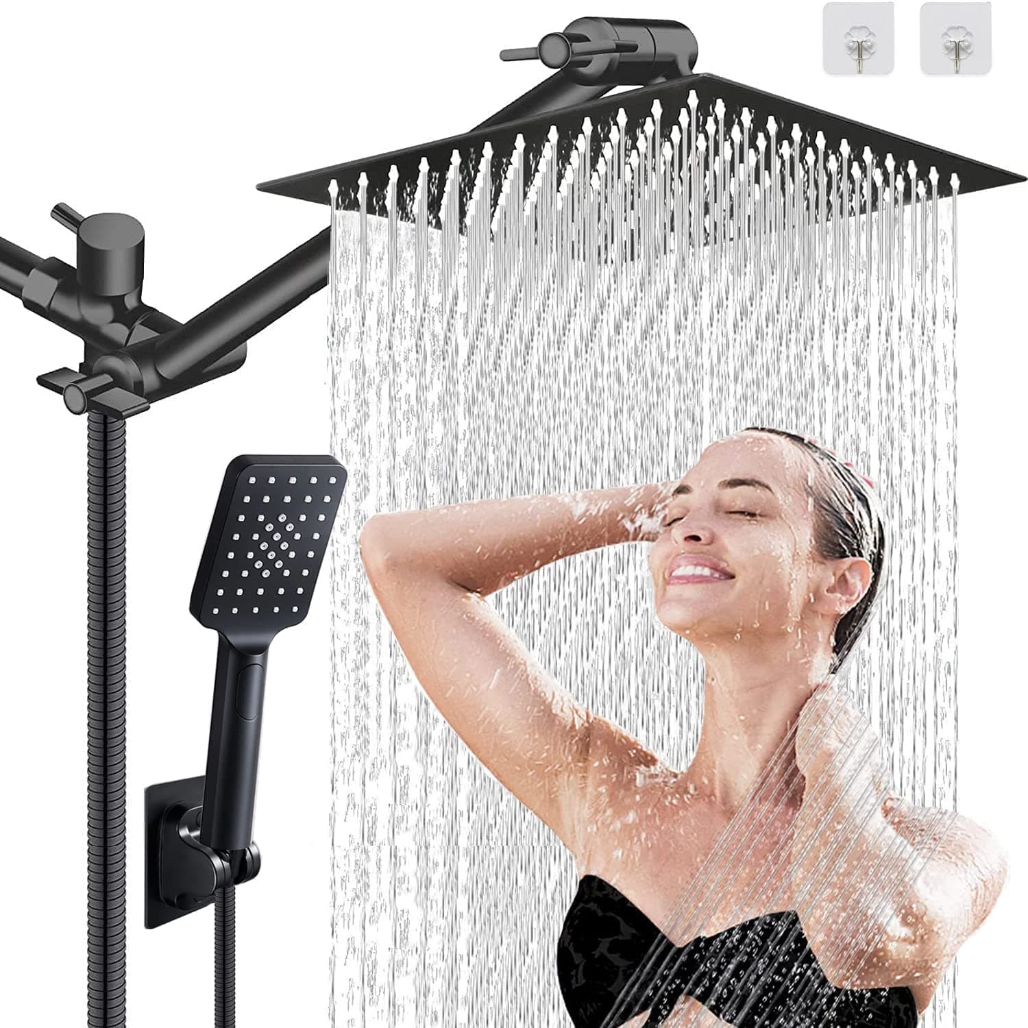 Shower Head,8'' High Pressure Rainfall Shower Head / 3 Setting Handheld Shower Heads Combo with 78" Extra Long Hose,9'' Extension Arm/ 3-Way Diverter,Adhesive Holder (Square Black Shower Heads)