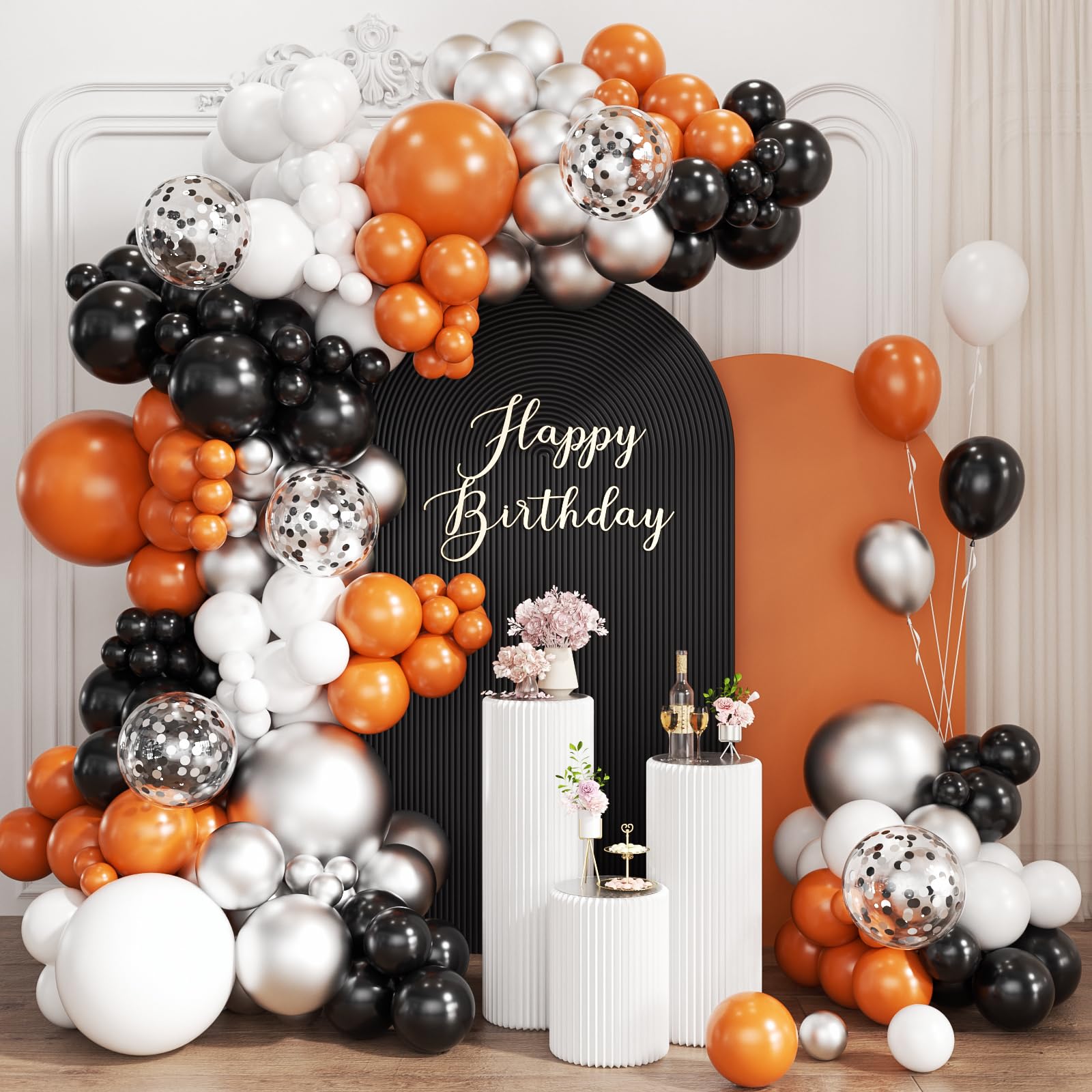 ZHIYAPA Orange Black White Silver Balloon Garland Arch Kit, 167Pcs Latex Balloons Different Sizes 18 12 10 5 inch for Birthday Graduation Halloween Basketball Theme Party Decoration