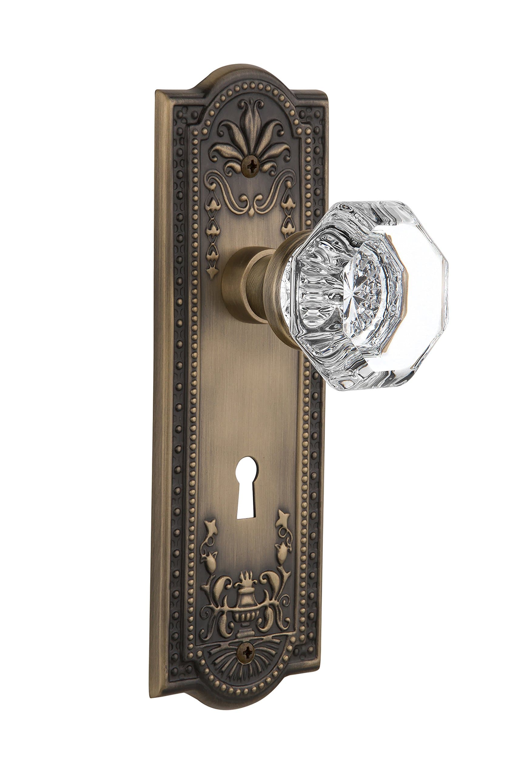 Nostalgic Warehouse Meadows Plate with Keyhole Waldorf Crystal Knob, Mortise - 2.25", Antique Brass