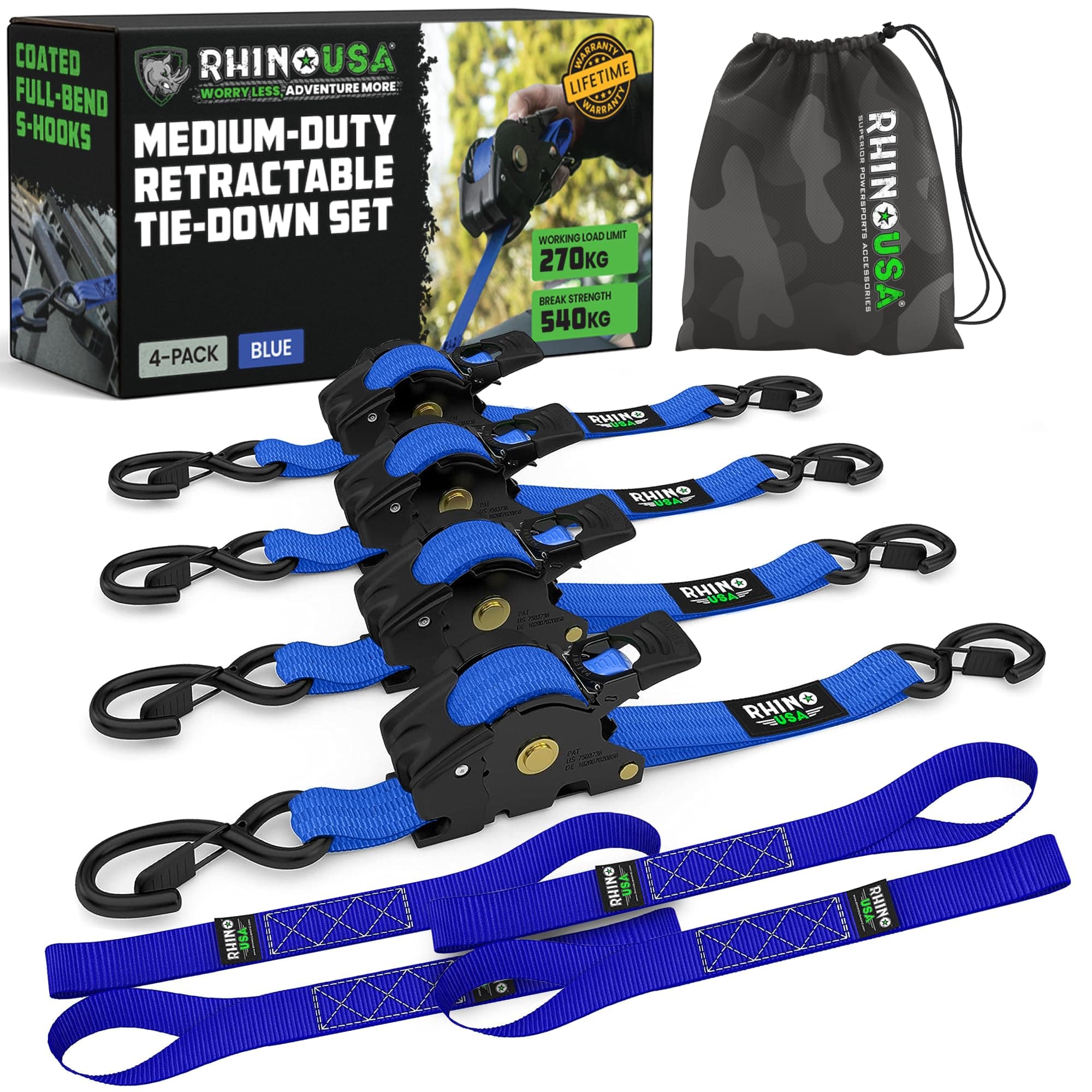 Rhino USA Retractable Ratchet Straps (4-Pack) - 1in x 10ft, Blue