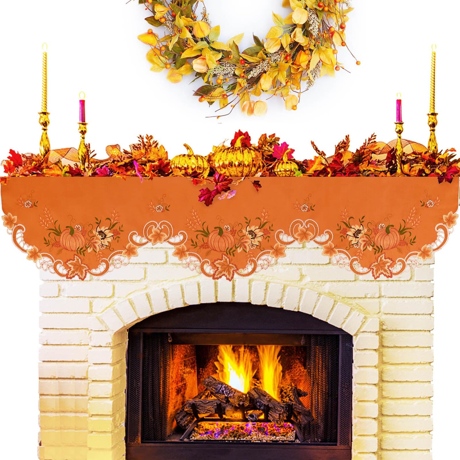 Simhomsen Embroidered Fall Autumn Harvest Pumpkins Orange Mantel Scarf Top Runner for Thanksgiving (70 x 17 inches)