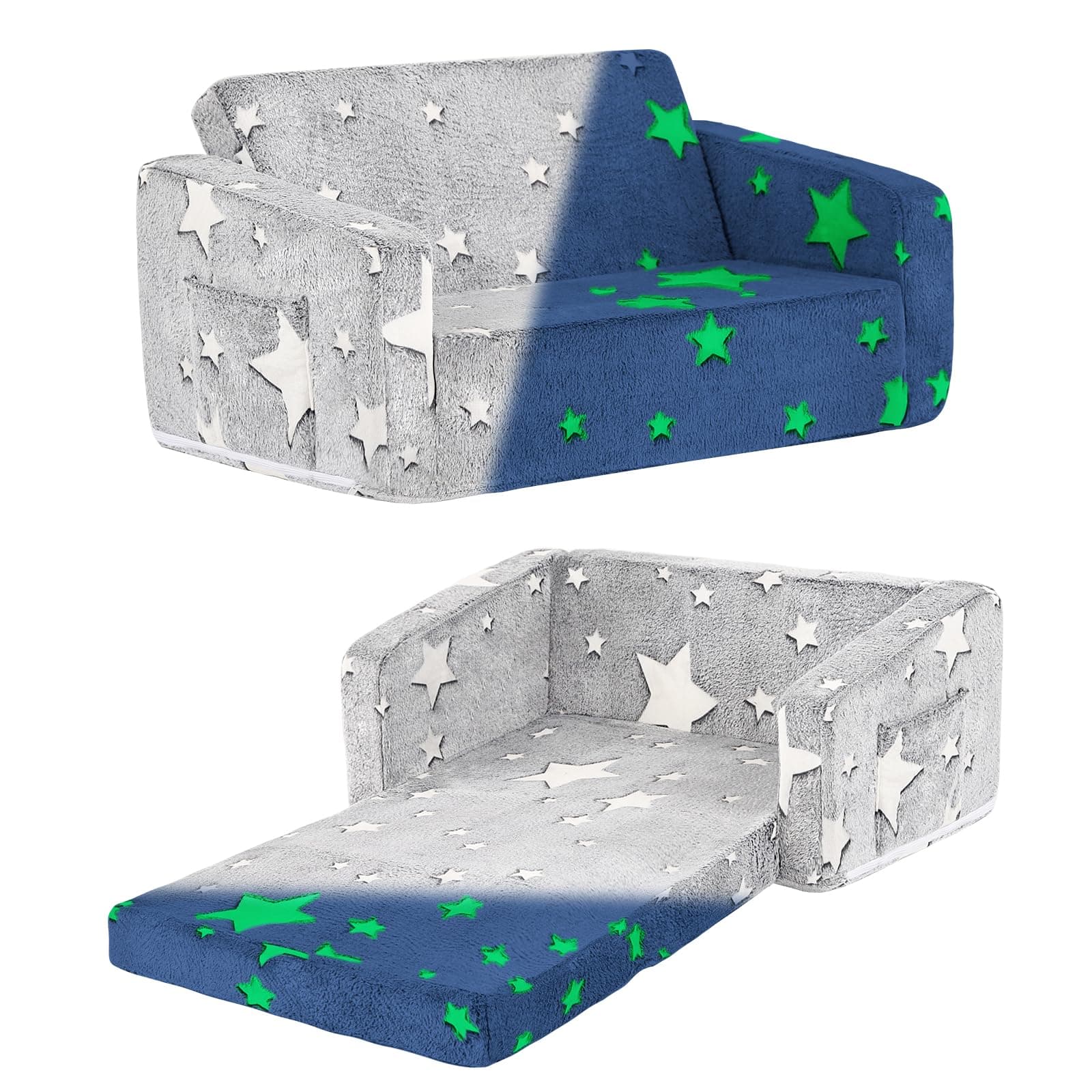 Tiita Kids Sofa Chair, 2 in 1 Toddler Fold Out Couch, Comfy Kids Sofa for Playroom-Extra Soft 2 Seats, Glow in The Dark Children Couch to Lounger for Girls Boys