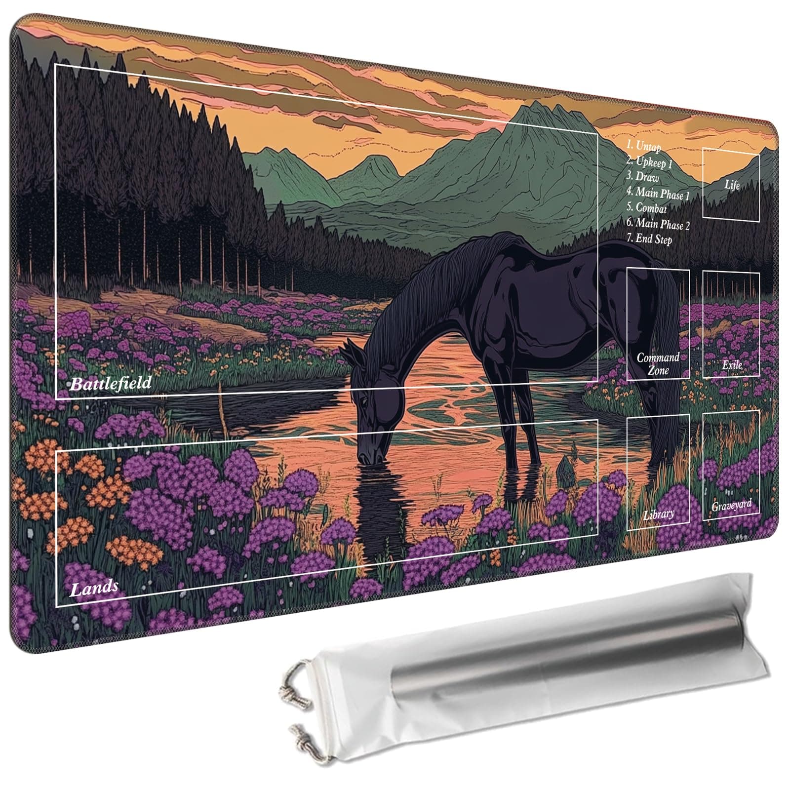 Cdkfxjy MTG Playmat with Magic Zone 27.5 x 15.7in Includes Storage Bag,TCG Playmat with Soft Surface Premium Non-Slip Rubber Backing Stitched Edges Durable Gaming Mat,Horse Drink Water