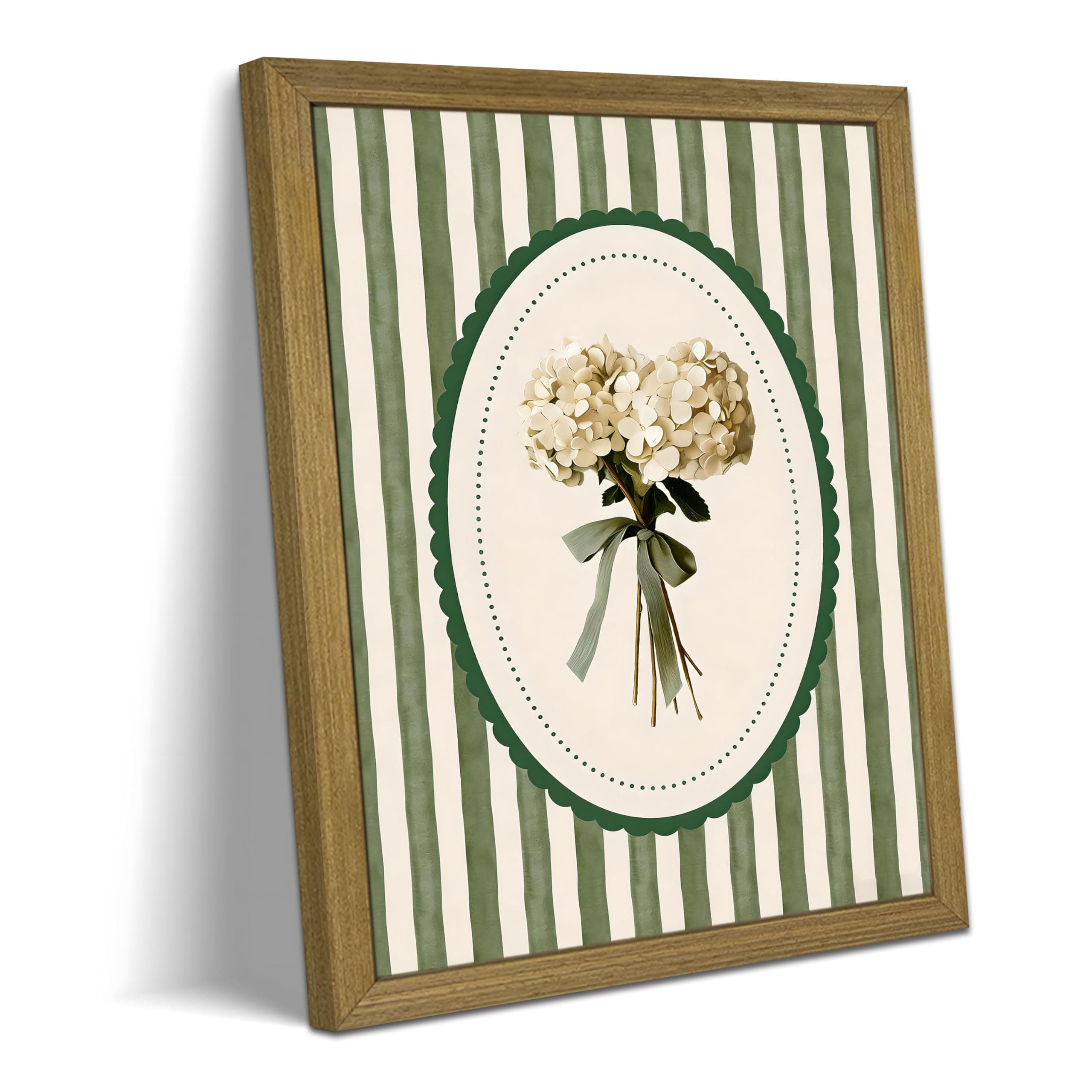 Framed White Hydrangea Canvas Wall Art, Hydrangea Wall Decor Oil Painting, Green Stripe Floral Picture Print Poster, Vintage Botanical Flower Home Decor for Bedroom Living Room Bathroom 12x16 Inch