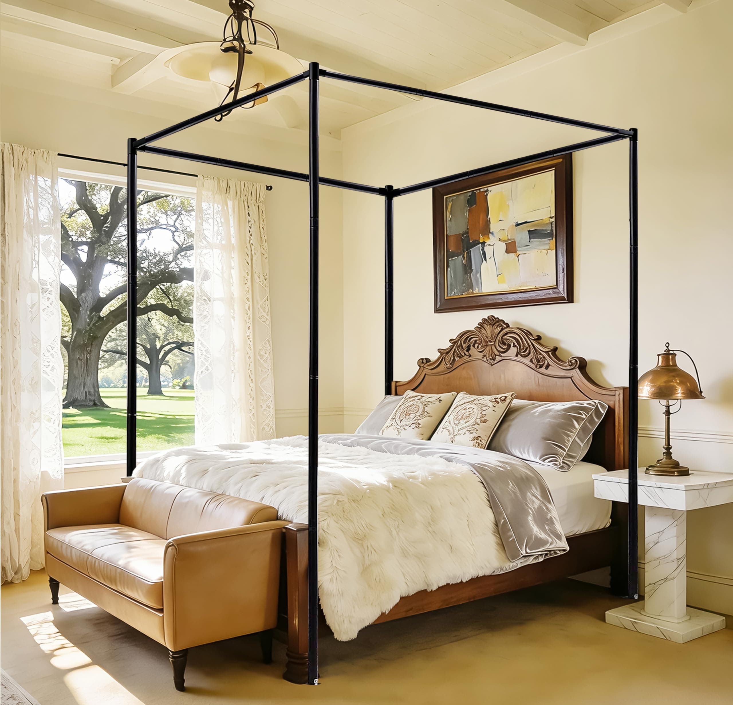 KEVIDA King Size Canopy Bed Frame, Stainless Steel Bed Post Poles with Aluminum Connectors Thicken Canopy for Wood or Metal Beds Bedroom Decor, Black