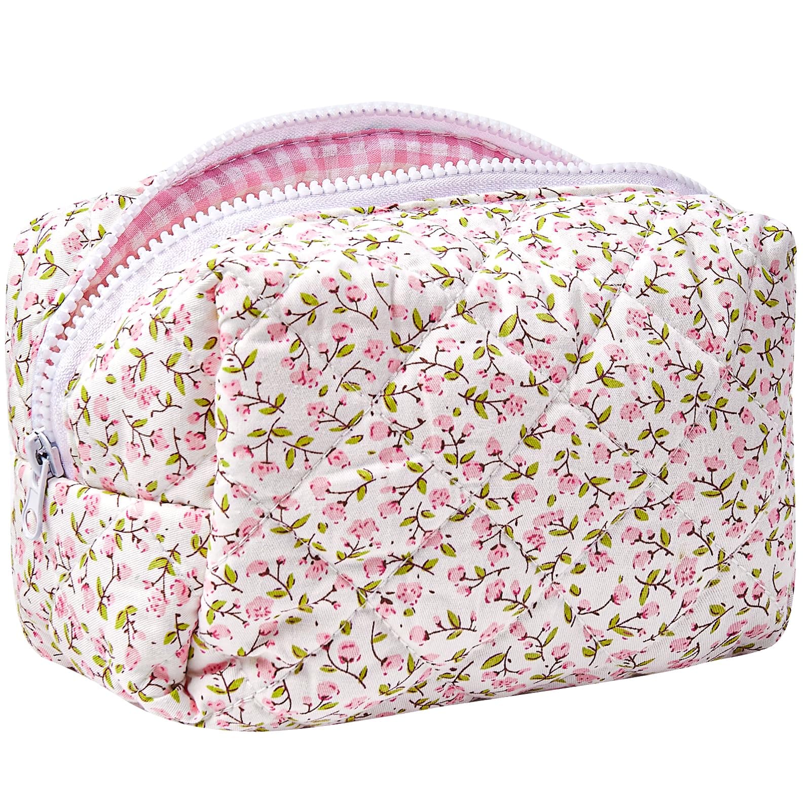 Sminra Makeup Bag Small Travel Quilted Cosmetic Bag Organizer, Floral Checkered Cotton Coquette Aesthetic Portable Pouch Purse Toiletry Bag for Women Girls accessories, Pink floral check-s, Floral