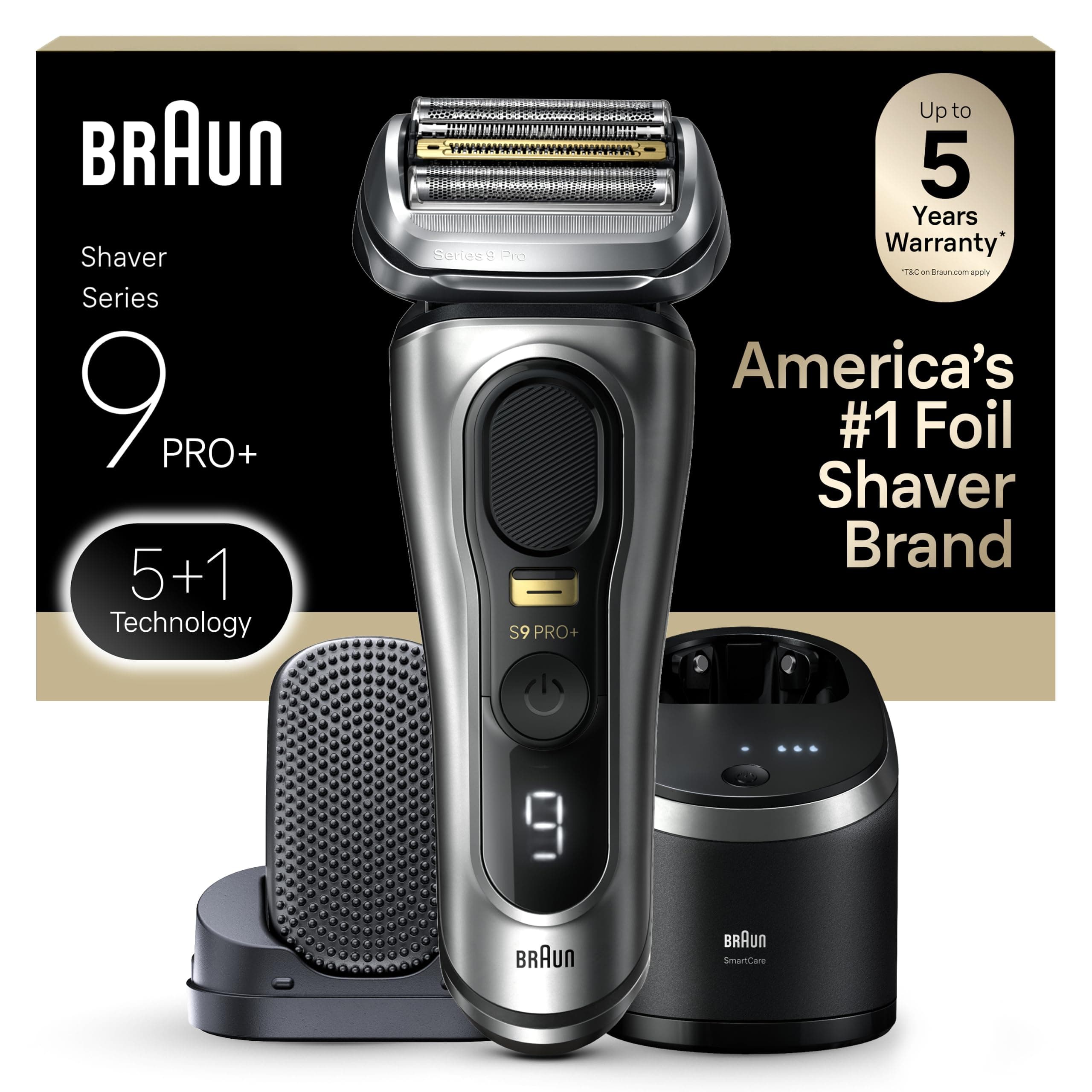 Braun Series 9 PRO+ Electric Razor for Men, 5 Pro Shaving Elements and Shave-Preparing ProComfort Head for Closeness & Skin Comfort, 6in1 SmartCare Center, Wet or Dry Use, Charging Stand, 9597cc