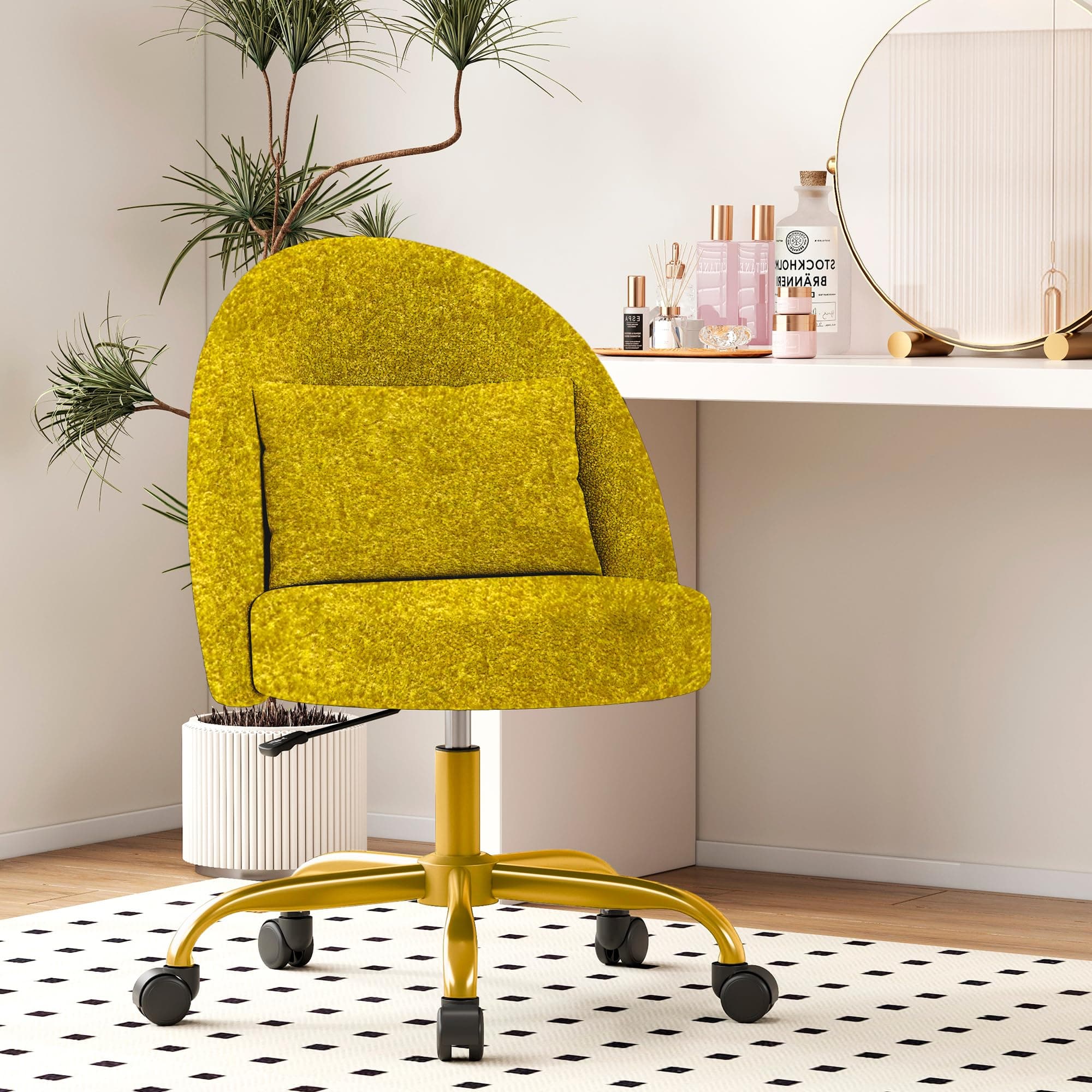Misolant Vanity Chair with Back, Armless Cute Office Chair with Wheels for Girls, Teddy Fleece Fabric Small Desk Chairs with Adjustable Height, Lumbar Support Pillow, 360°Swivel for Home, Golden