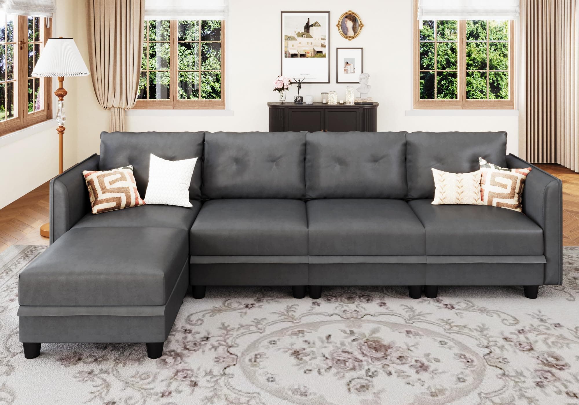 LLAPPUIL Modular Sectional Sofa Faux Leather Fabric L Shaped Sofa with Storage, 5 Seater Sofa with Reversible Chaise, Modern Modular Couch with Ottoman, Dark Grey