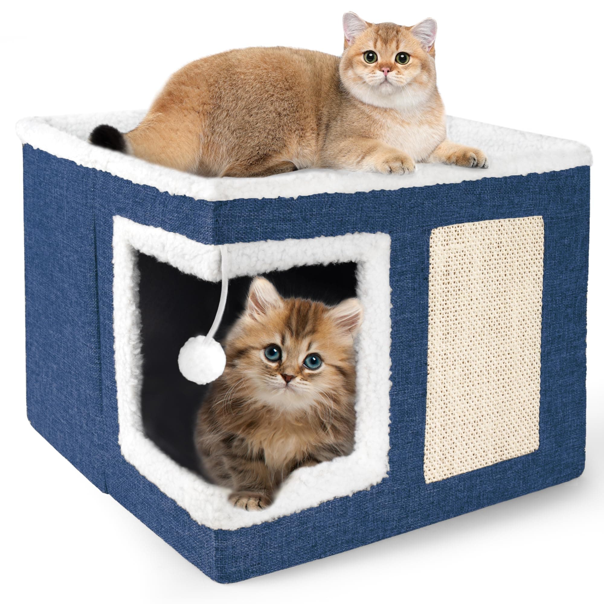 Loyareal Cat Houses for Indoor Cats - Large Cat Bed Cave with Scratch Pad and Fluffy Ball, Foldable Cat Condo Hideaway with Reversible Cushion for Multi Small Pet, Navy Blue
