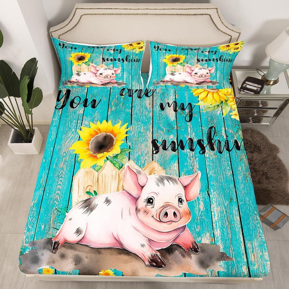 Cartoon Pink Pig Fitted Sheet Full Size,Yellow Sunflowers Floral Bedding Set with 2 Pillowcases, Farmhouse Animal Blue Wooden Board Bed Cover (No Top Sheet), Soft Fabric All-Round Elastic Pocket
