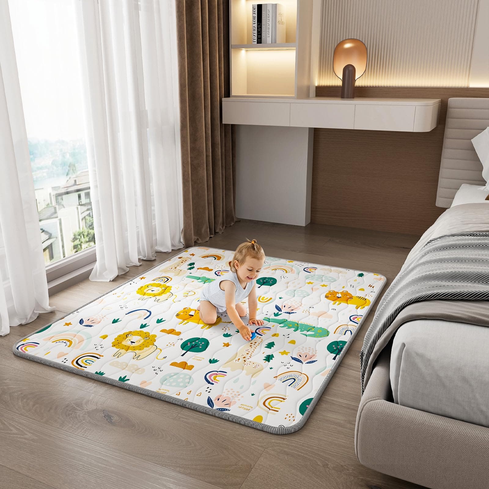 Baby Play Mat for Floor, 71"x59" Thickened Playpen Mat, Soft Non-Slip Baby Play Mat, Foldable & Machine Washable, Portable Waterproof Crawling Playmats for Infants & Toddlers, Rainbow and Animal