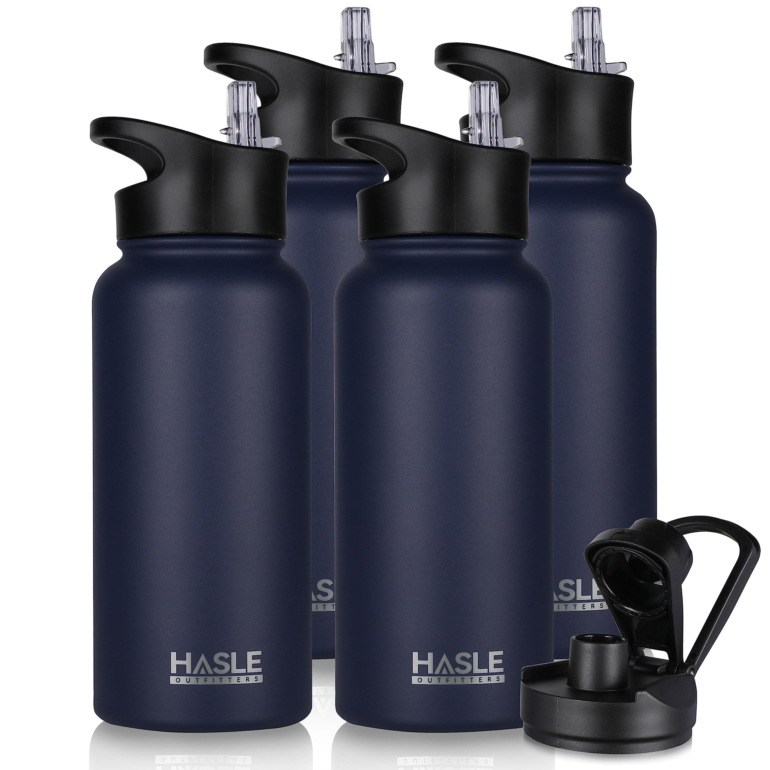 HASLE OUTFITTERS 32 oz Insulated Water Bottle Stainless Steel Double Walled Vacuum Sports Water Bottle with 2 Lids (Straw and Spout Lid) for Gym Camping Hiking(Navy,4)