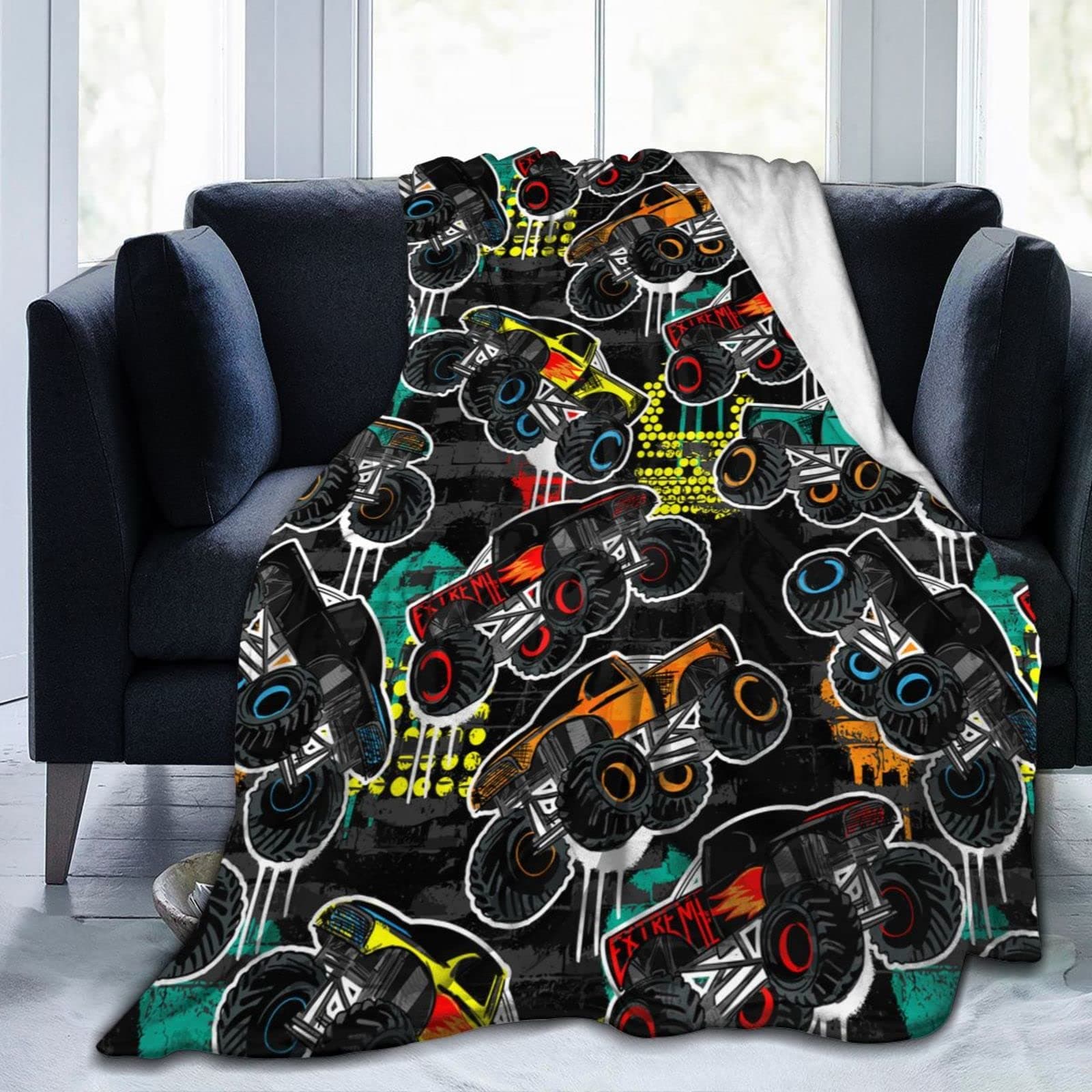 Perinsto Monster Trucks Cars Throw Blanket Ultra Soft Warm All Season Decorative Fleece Blankets for Bed Chair Car Sofa Couch Bedroom 60"X50"