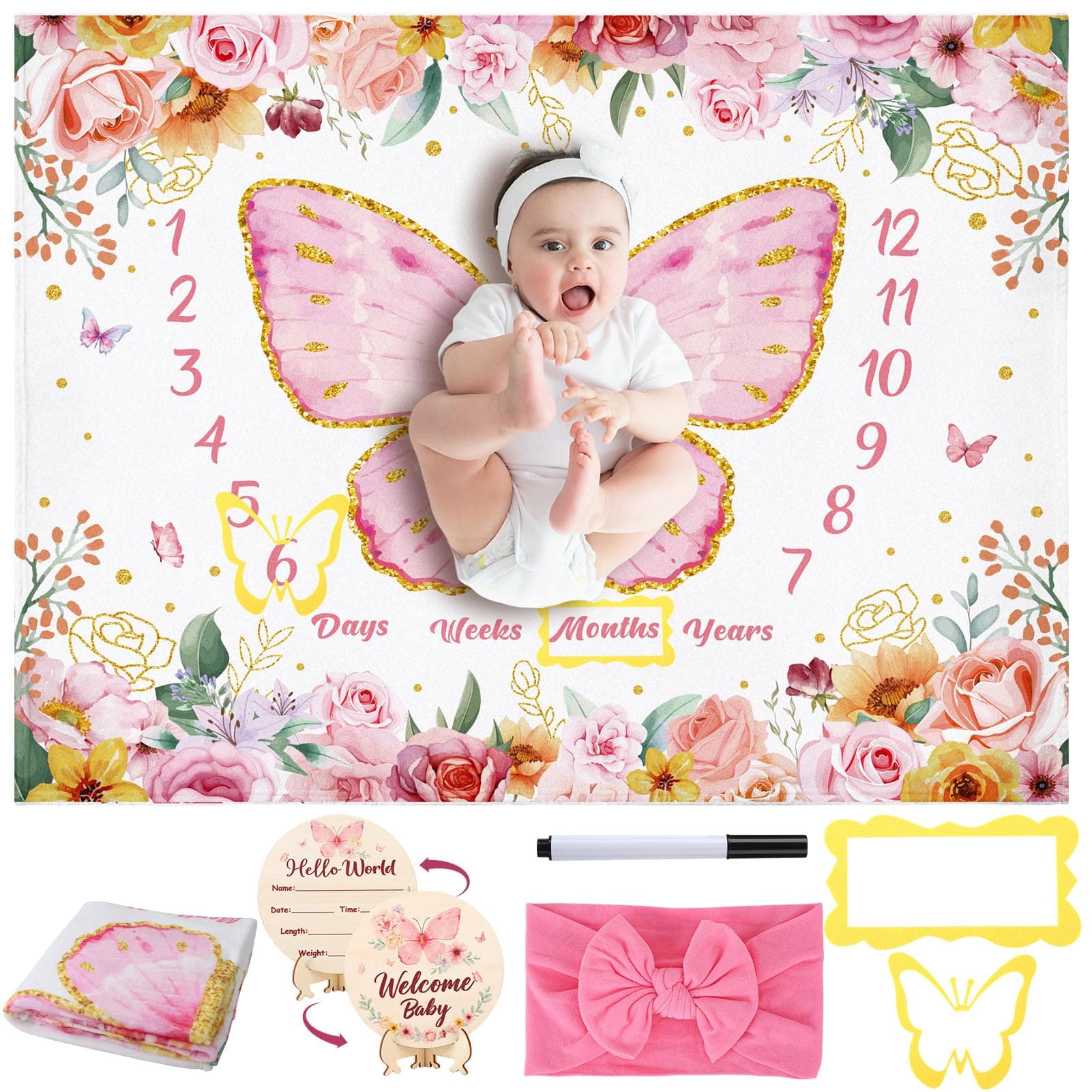 GGSTDDUP Butterfly Milestone Blanket for Baby Girls, Floral Monthly Baby Growth Blanket Newborn Photography Background with Wooden Signs, Frames, Bow Headband,Pink