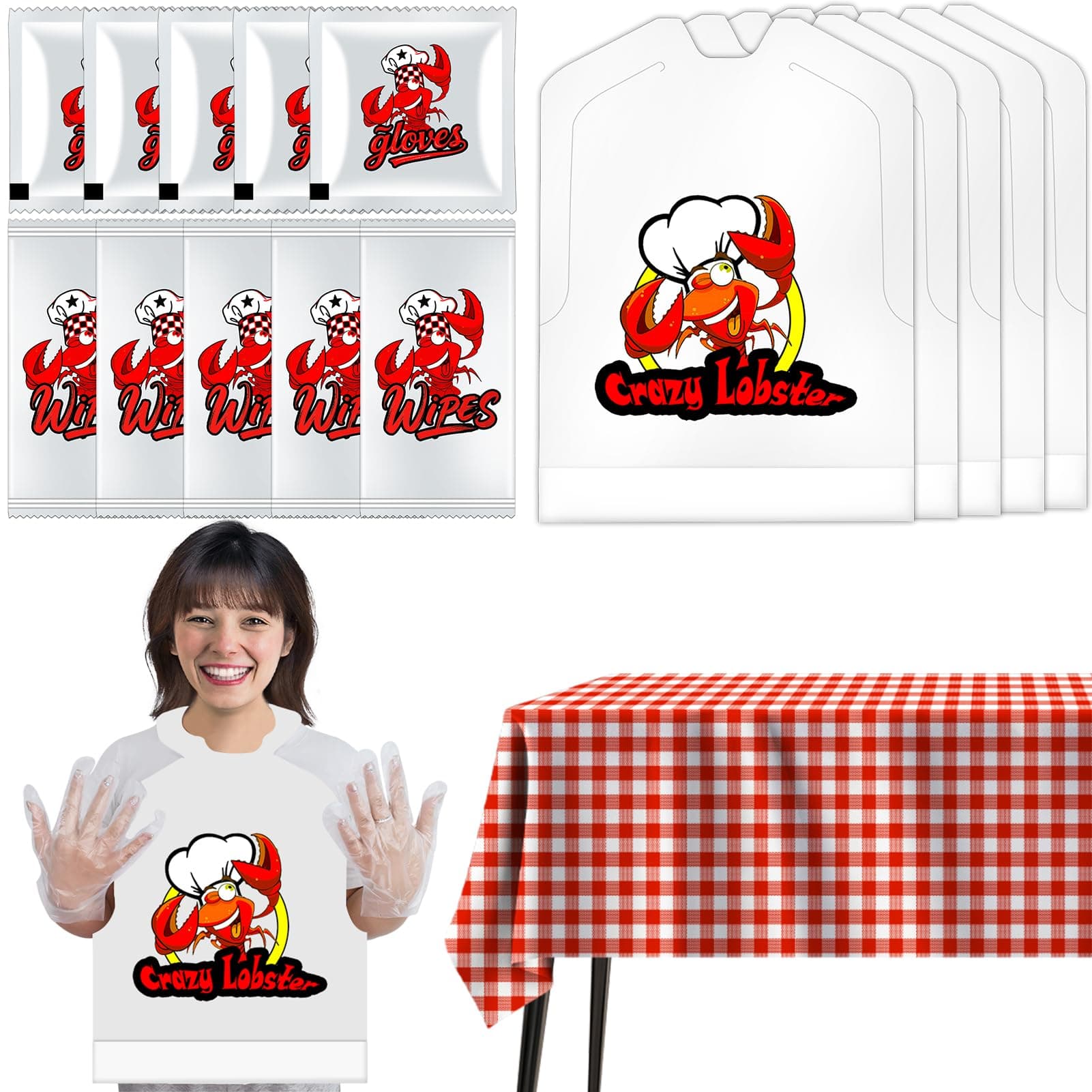 Artcome Lobster Party Kit – 50 Lobster Bibs, 50 Pairs of Disposable Gloves, 100 Wet Wipes, 5 Tablecloths for Crab Feasts, Shrimp Dinners & Seafood Parties or Outdoor Events