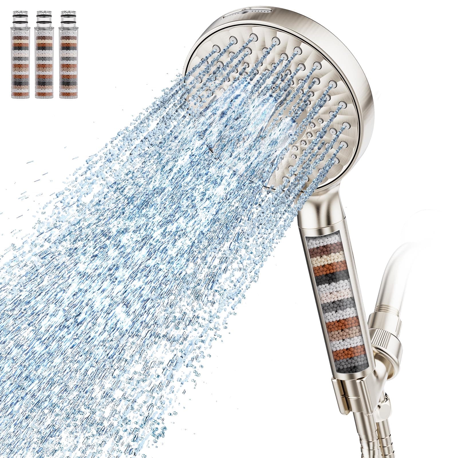 Filtered Shower Head with Handheld, High Pressure 9 Spray Mode Light Champagnel Showerhead with 4 Filters, Detachable Shower Head, Water Softener Filters Beads for Hard Water - Remove Chlorine