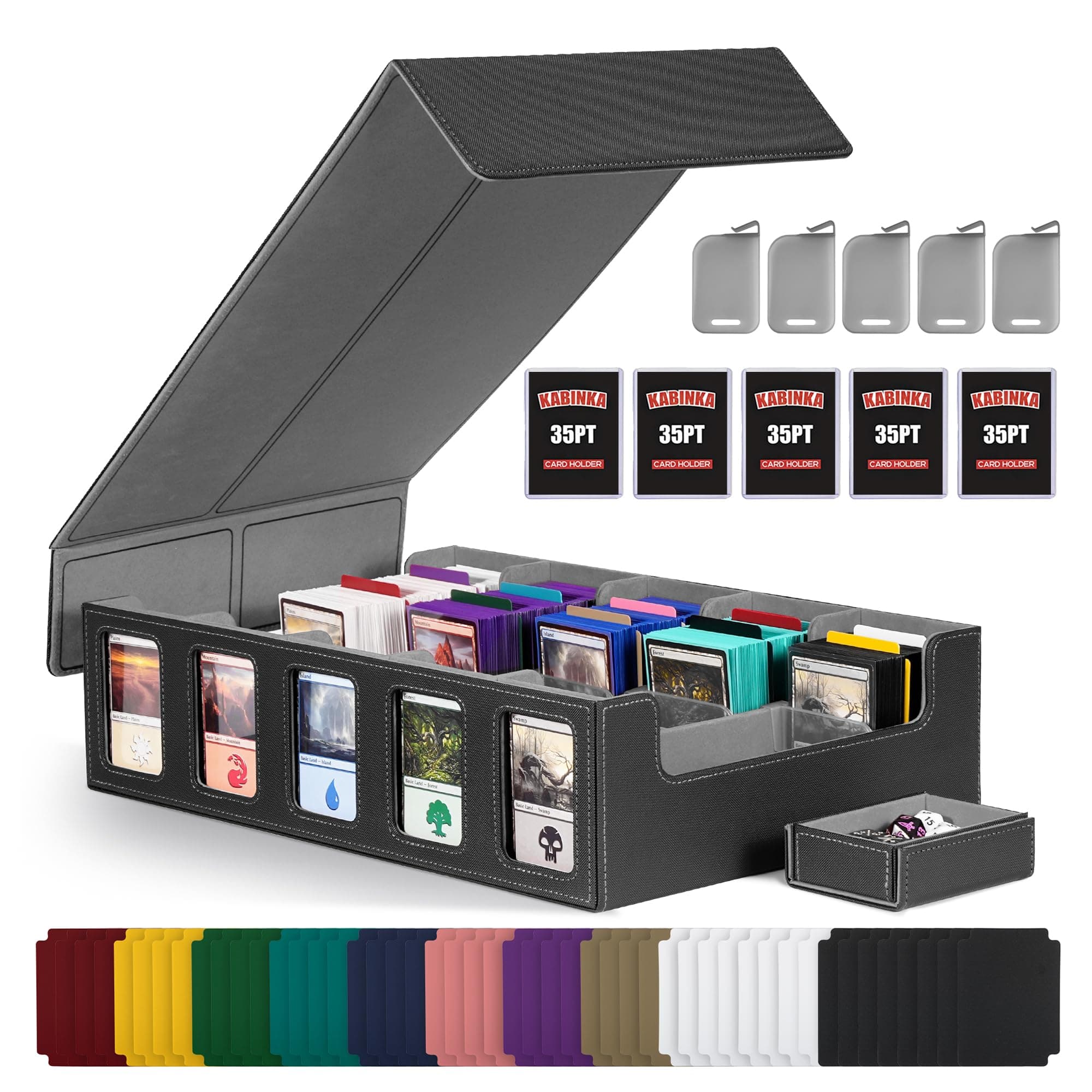 Kabinka Trading Card Storage Box with Commander Display, 5-Row Deck Case with Removable Lid; 3900+ Deck Box for MTG TCG Sports Card, 5 Toploaders, 5 Stoppers, 48 Dividers,1 Dice Tray (Black)
