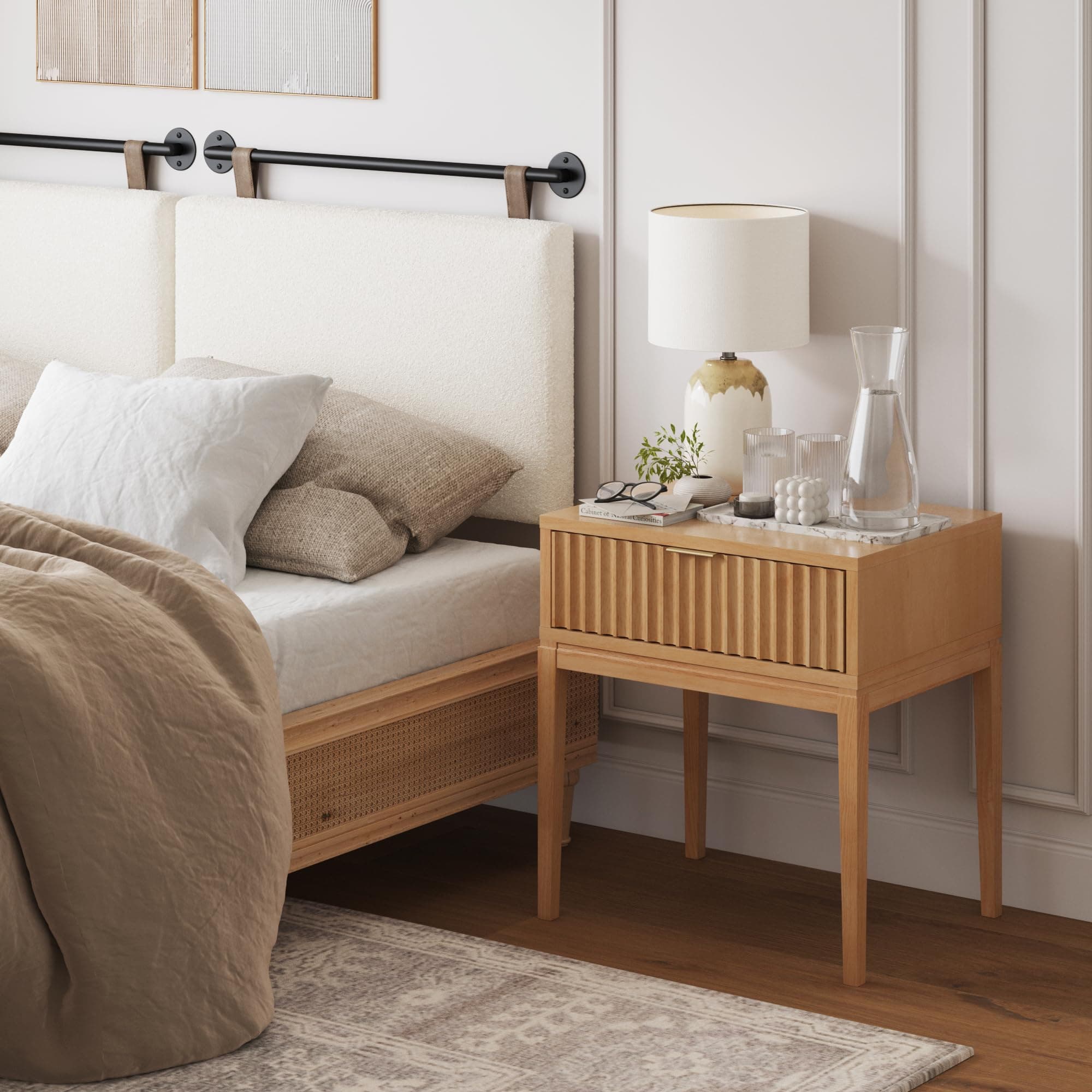 Nathan James Jasper Mid-Century Modern Nighstand, Side Table with Storage and Fluted Drawer Doors with Brass Handles, Warm Pine