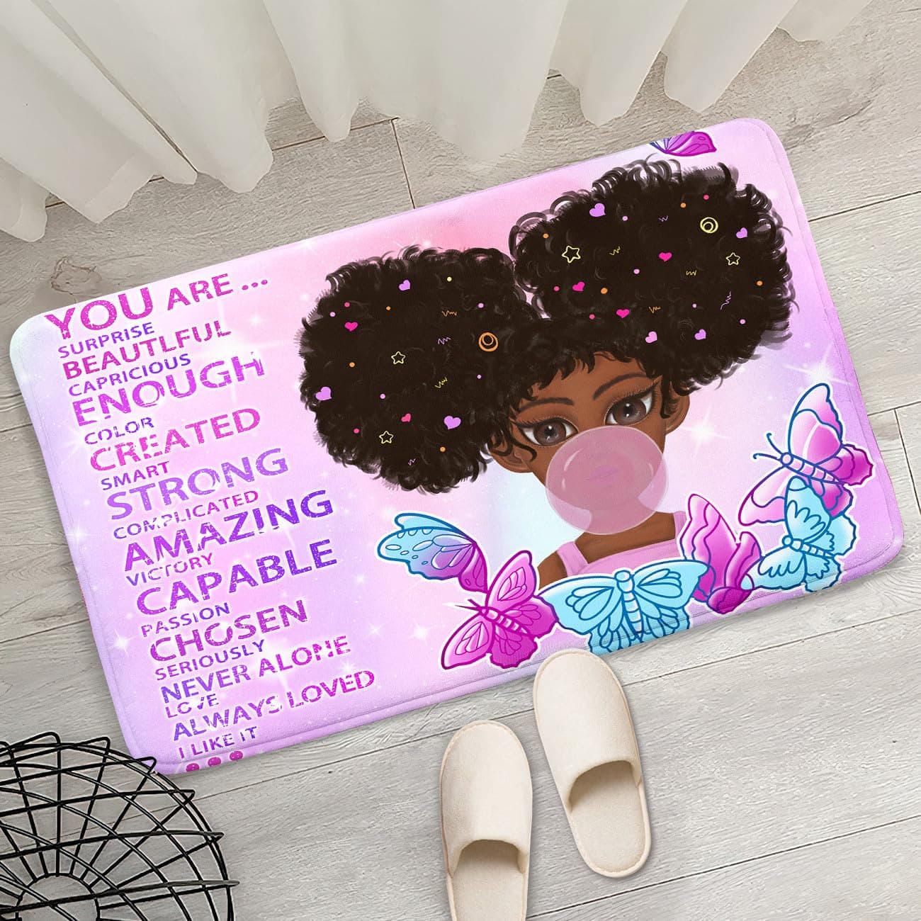 African Black Girl Rugs for Girls Bedroom Living Room Kids Rugs for Bedroom Girls Room Decor Soft Small Carpets Cute Princess with Purple Butterfly Floor Mats, 2'×3'