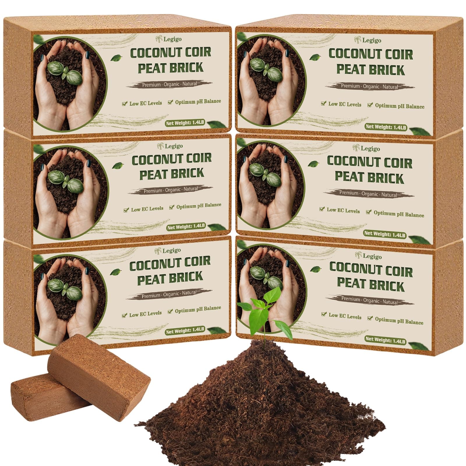 Legigo 6 Pack Coco Coir Bricks for Plants- 100% Organic Coconut Coir Soil