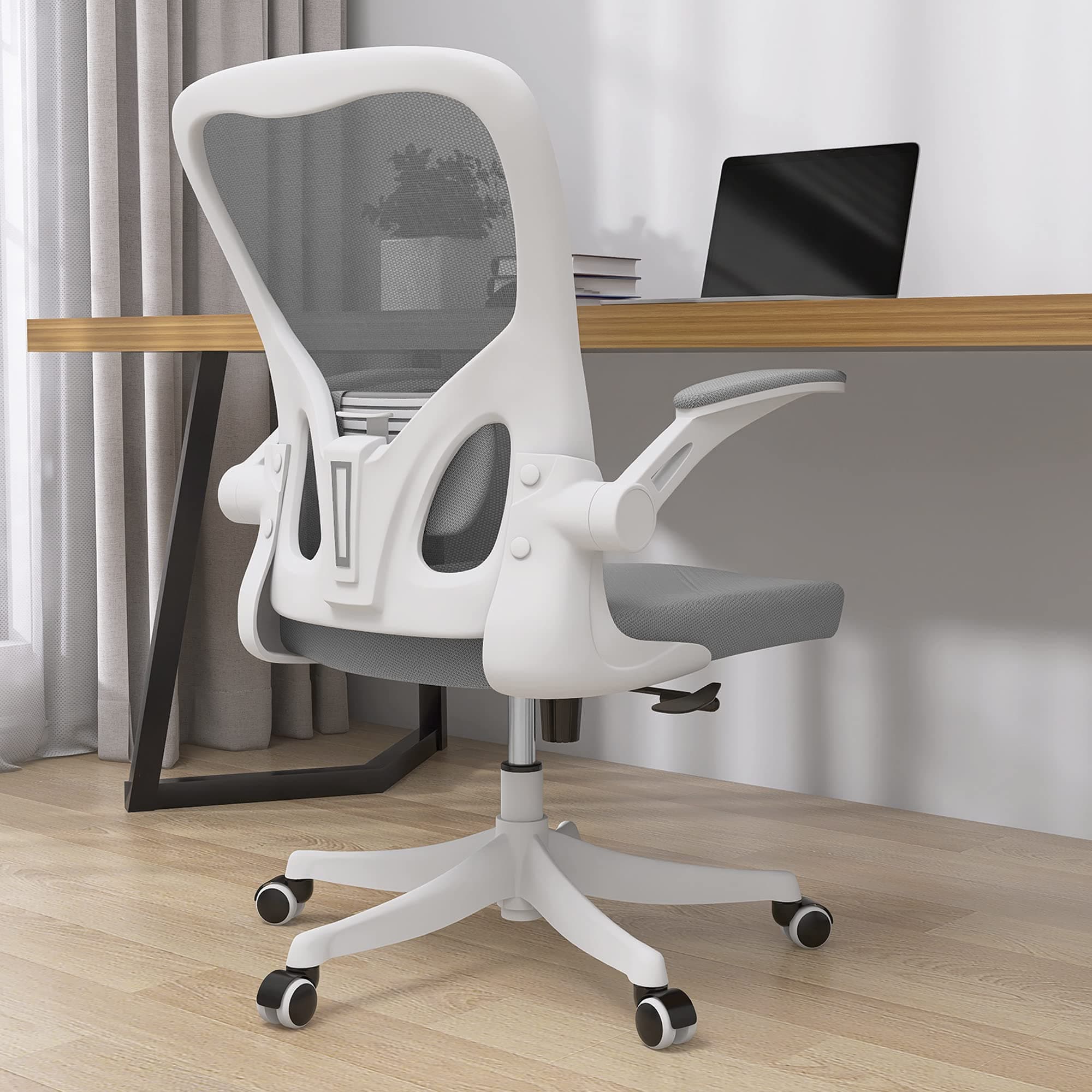 Monhey Office Chair Ergonomic Desk Chair with Lumbar Support&Flip-up Arms Height Adjustable Rocking Swivel High Back Computer Chair Warm Taupe Mesh Study Chair (01White+Gray)
