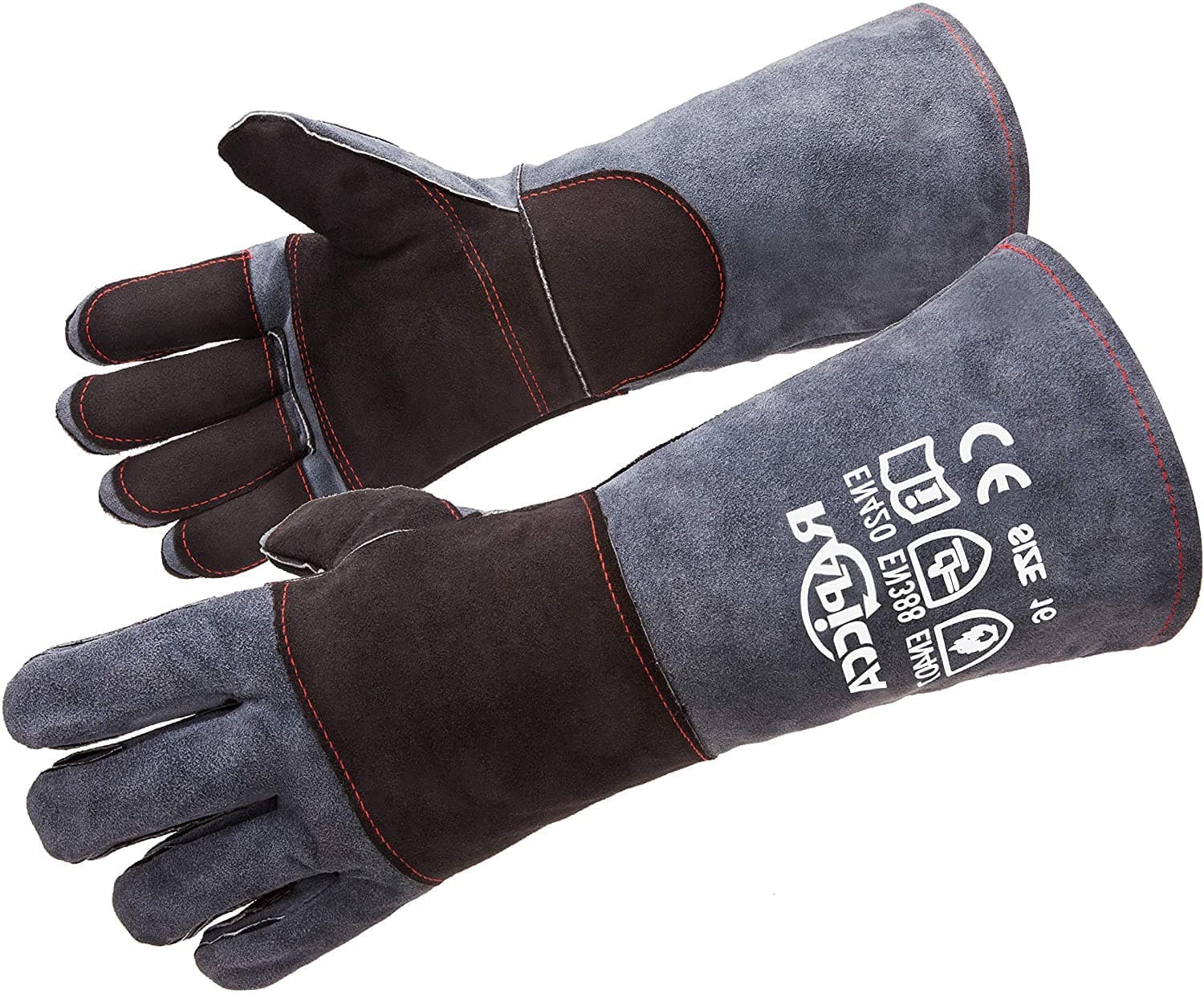 RAPICCA Fireplace Fire Pit Gloves, 932°F Fireproof Leather, 16in Dark Grey