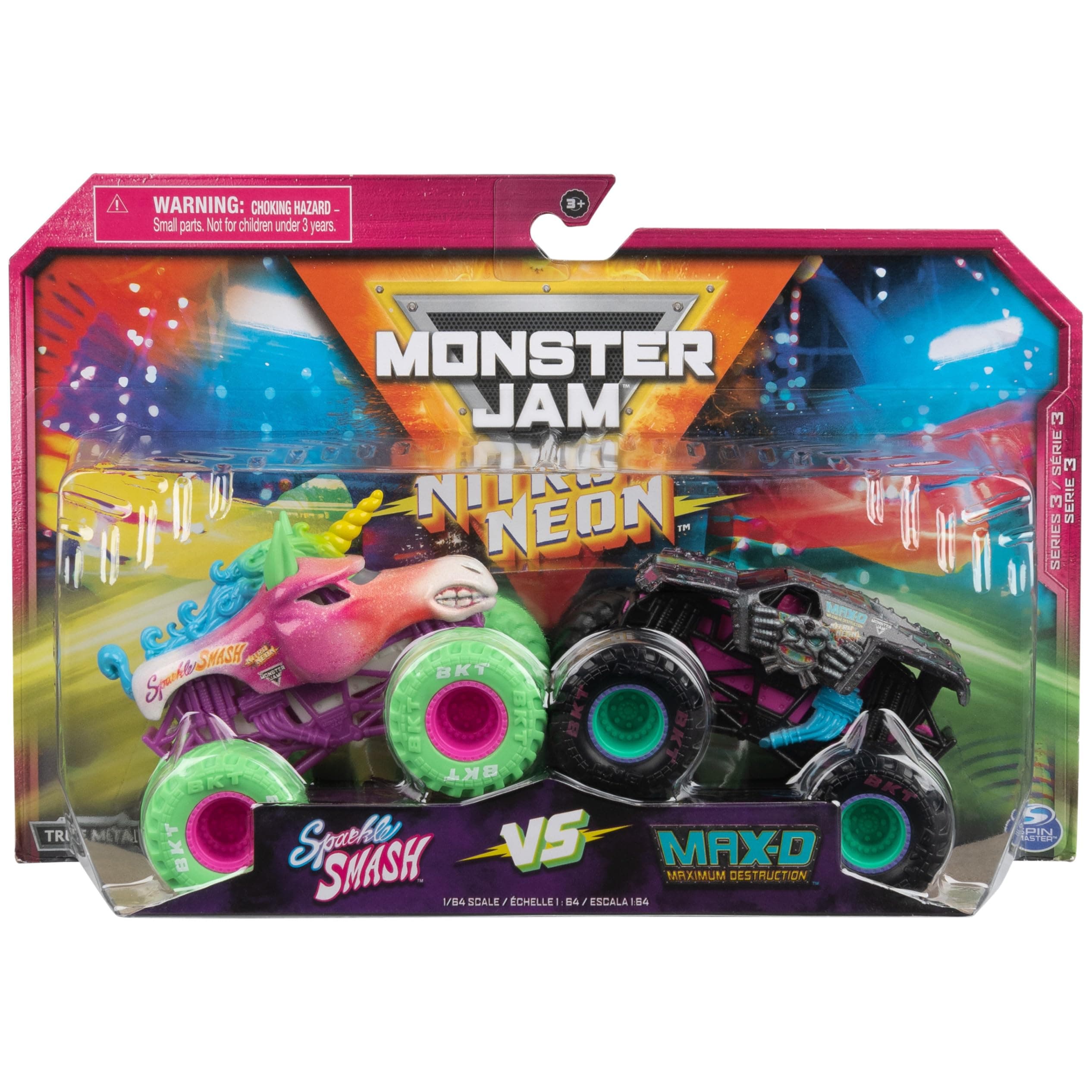 Monster Jam Nitro Neon Sparkle Smash vs Max-D (paquete doble a escala 1:64)